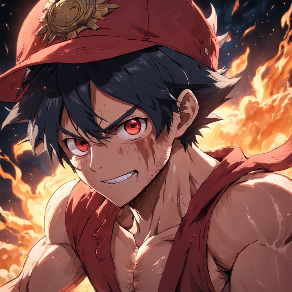 1boys, wanostyle, monkey d luffy, Smiling, Straw hat, look viewer, 独奏, Upper body, ((masterpiece)), (Best quality), (Extremely detailed), Depth of field, sketch, dark intensive shadows, Sharp focus quality, hdr, Colorful, Good composition, There were fires all around, spectacular, Closed shirt, Anime screenshots, Scars under the eyes, getting ready to fight, Dark eyes,deep of field,ocean background,ship,sunrays,Red clothes,