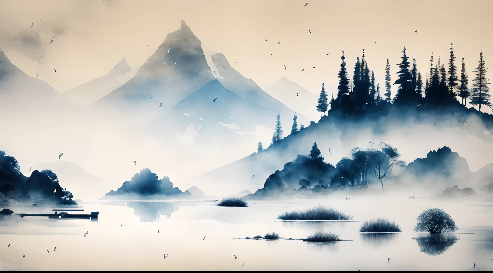 white backgrounid， scenecy， ink， mont， Eau， the trees，lakeside