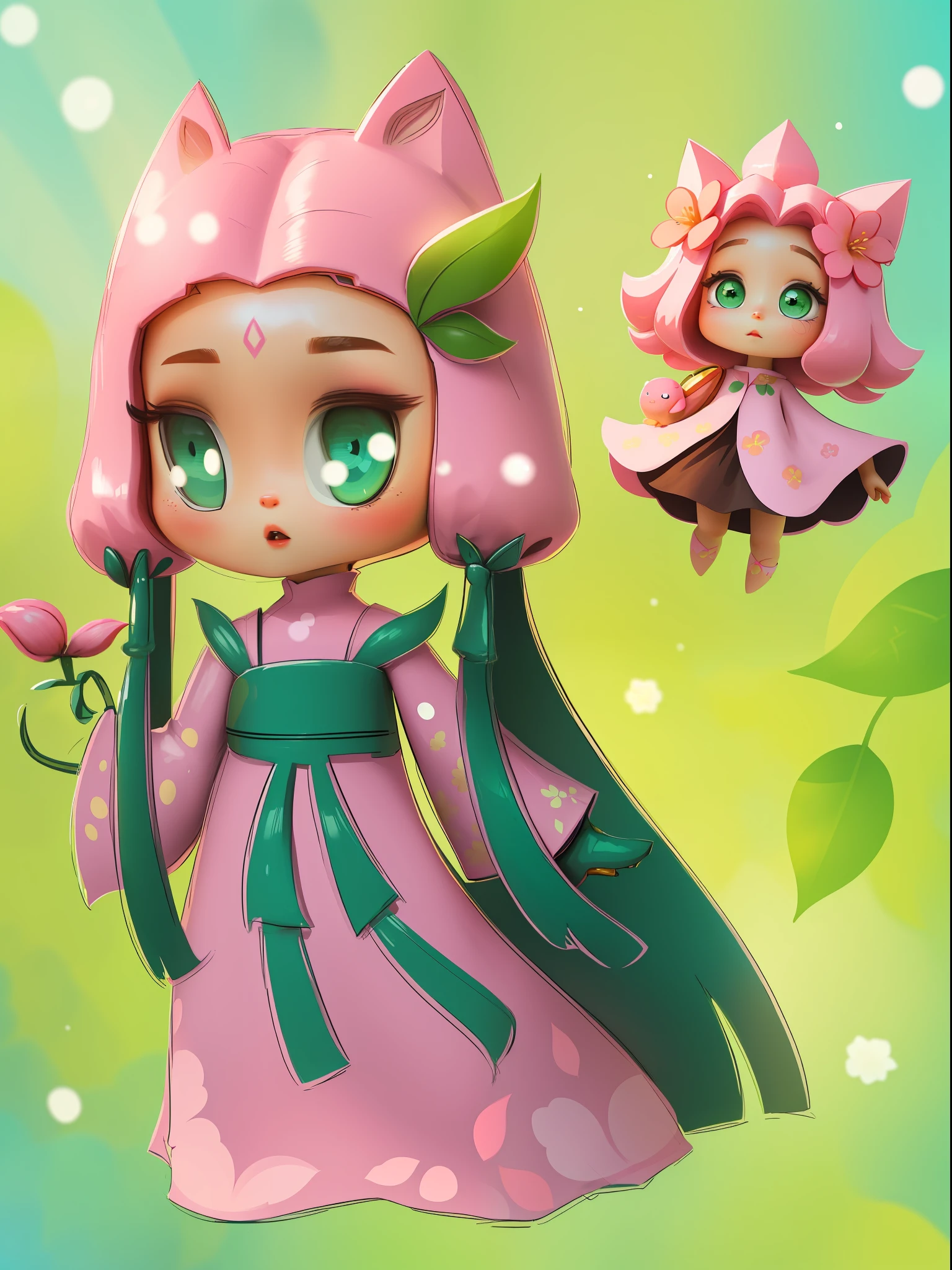 A cartoon of a girl with a cat's head and a flower, elf girl wearing an flower suit, the non-binary deity of spring, shirabii, tchibi, humanoid pink female squid girl, cute anime waifu in a nice dress, sakura haruno, Kawaii chibi, holding a pudica pose, Wear a pale green floral dress,The skirt has a leaf print