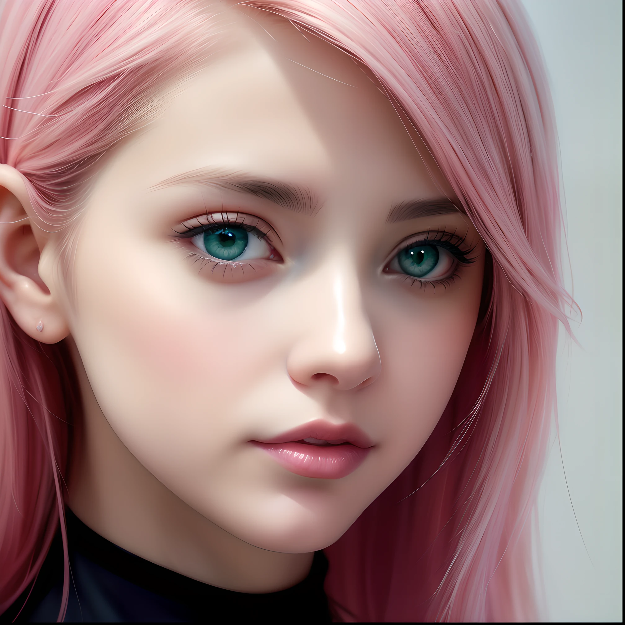 um close up de uma mulher com cabelo rosa e olhos verdes, Estilo de arte realista, Arte Digital 4K Realista, Arte Digital 4K Realista, Arte de anime realista, retrato impressionante do rosto do anime, Pintura digital realista, Estilo de anime 3D realista, lindo pintura digital, Estilo Realismo Anime, realistic anime art style, retrato de fantasia digital, kawaii retrato realista, Estilo de arte fotorrealista