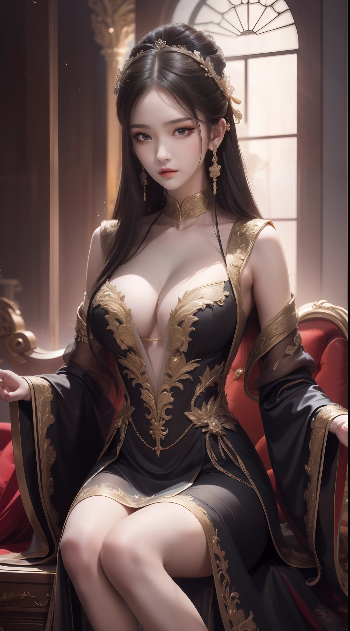 A girl,年轻,Black color hair,horse tailed,Wearing a white tulle dress,A layer of clothing,ssee-through,Looming skin,Hanfu style,Exposed cleavage,D-cups,High quality white stockings,real silk,Raised sexy,inside in room,Sitting,独奏,best qualtiy,best illuminate,Highest high resolution,16k,Meticulous details,