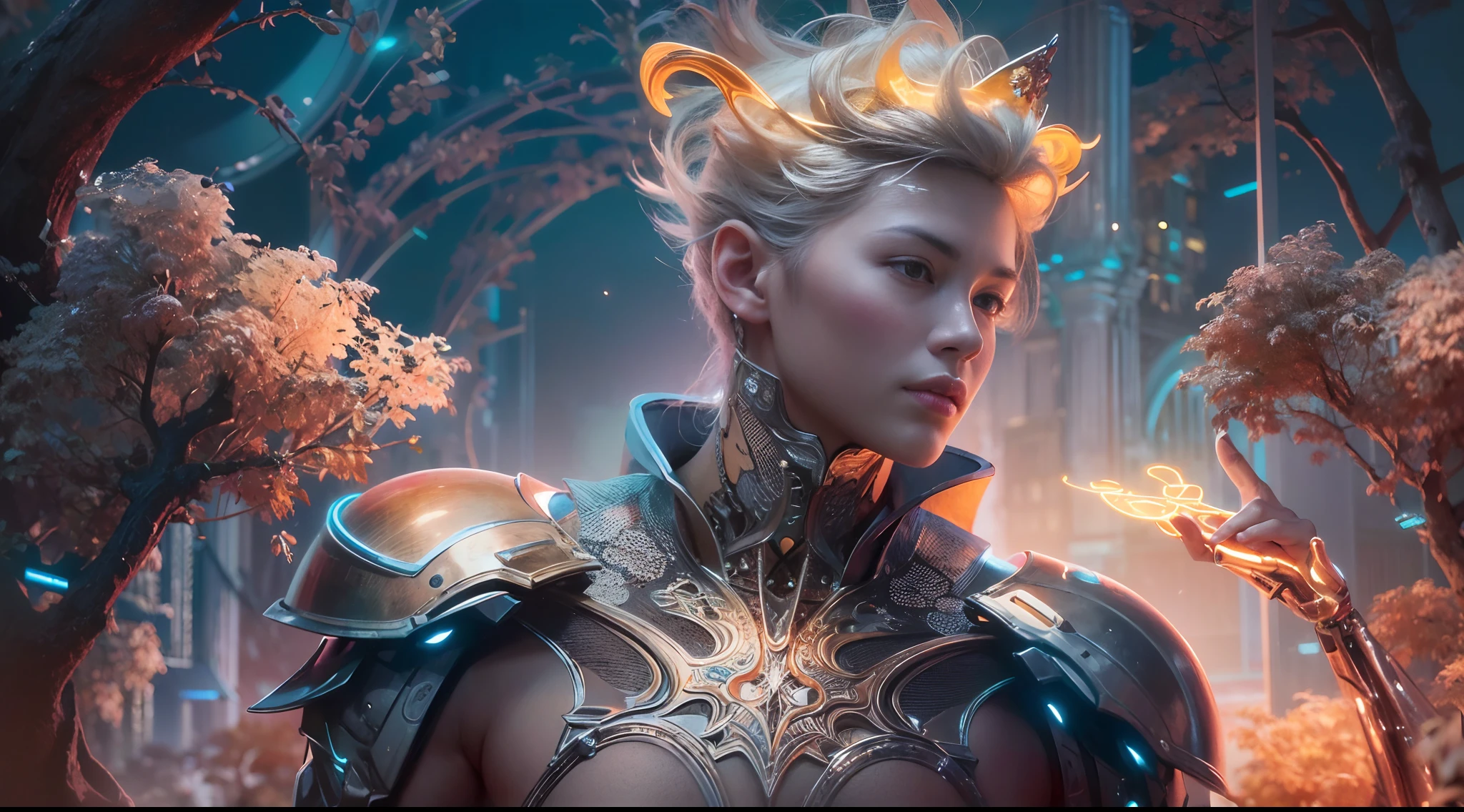 1boy, photo of very very handsome suave smiling young 25-year-old male Chinese prince, clothed in futuristic cybernetic armor, wearing a large futuristic crown, walking in an ethereal enchanted forest with neon glowing flowers and a rainbow in the sky, sci-fi, intricate, neon light, ((perfect face)), ((perfect hands)), ((perfect body)), ((correct anatomy)), ((ultra-realistic)), ((8k, UHD)), highly detailed, digital painting, artstation, concept art, human anatomy, soft light, smooth, illustration, art by tian zi and craig mullins and WLOP and alphonse mucha