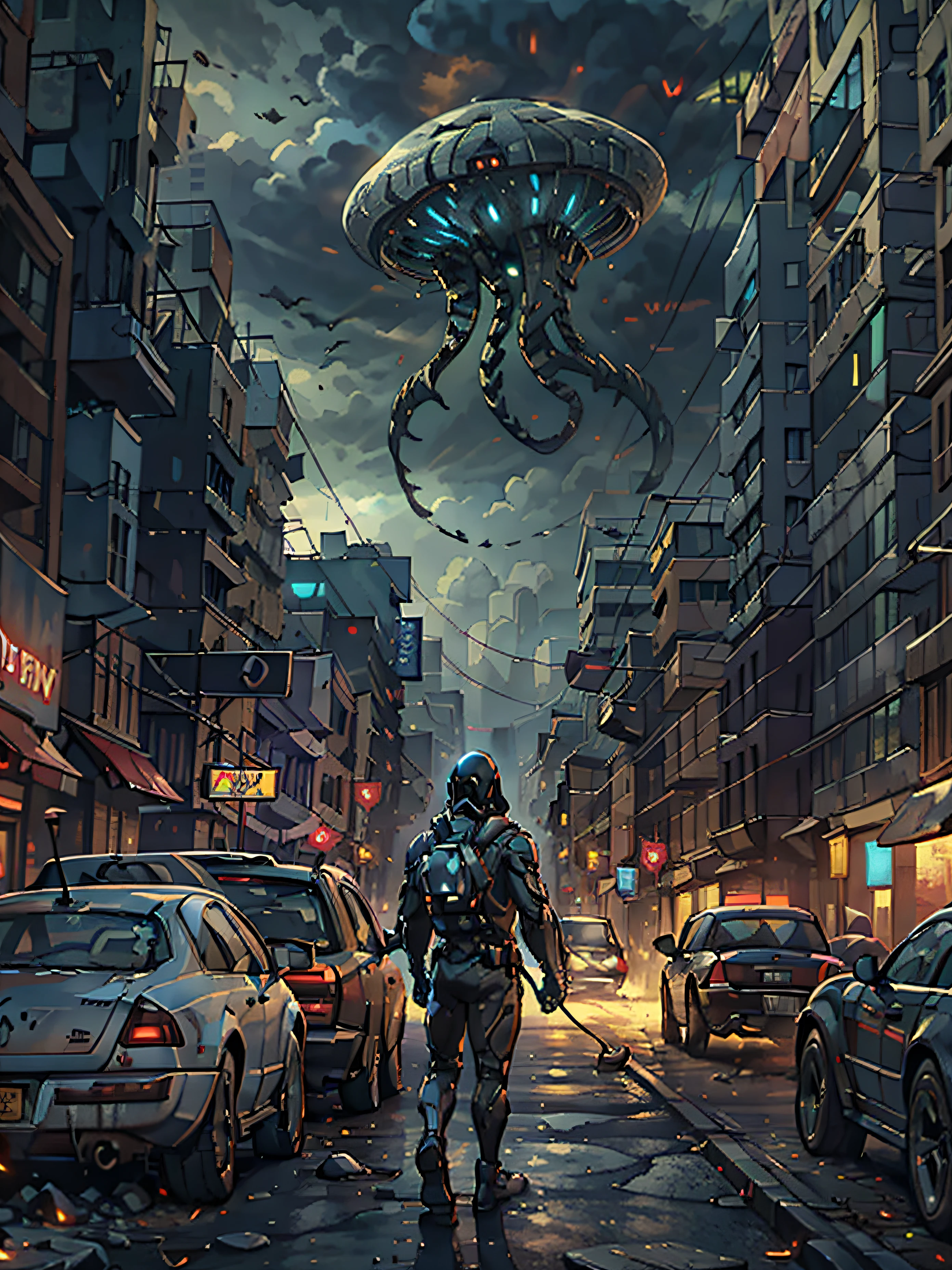 Realistic film and television rendering,unreal-engine,C4D engine(Film and television 3D scenes,Film-quality light and shadow,Top textures,Top details,Top AE compositing effects,Multiple characters,realistic scene,Highest picture quality,HD,8k,Film and television posters)"Creepy scene of intense alien invasion,The atmosphere is dark, Dramatic lighting, and drastic action. Demonstrate powerful alien creatures, Advanced technology, ruined cityscapes, Panicked civilians, and a sense of imminent danger. Generate disturbingly immersive images,Capture the chaos and horror of the otherworldly invasion."