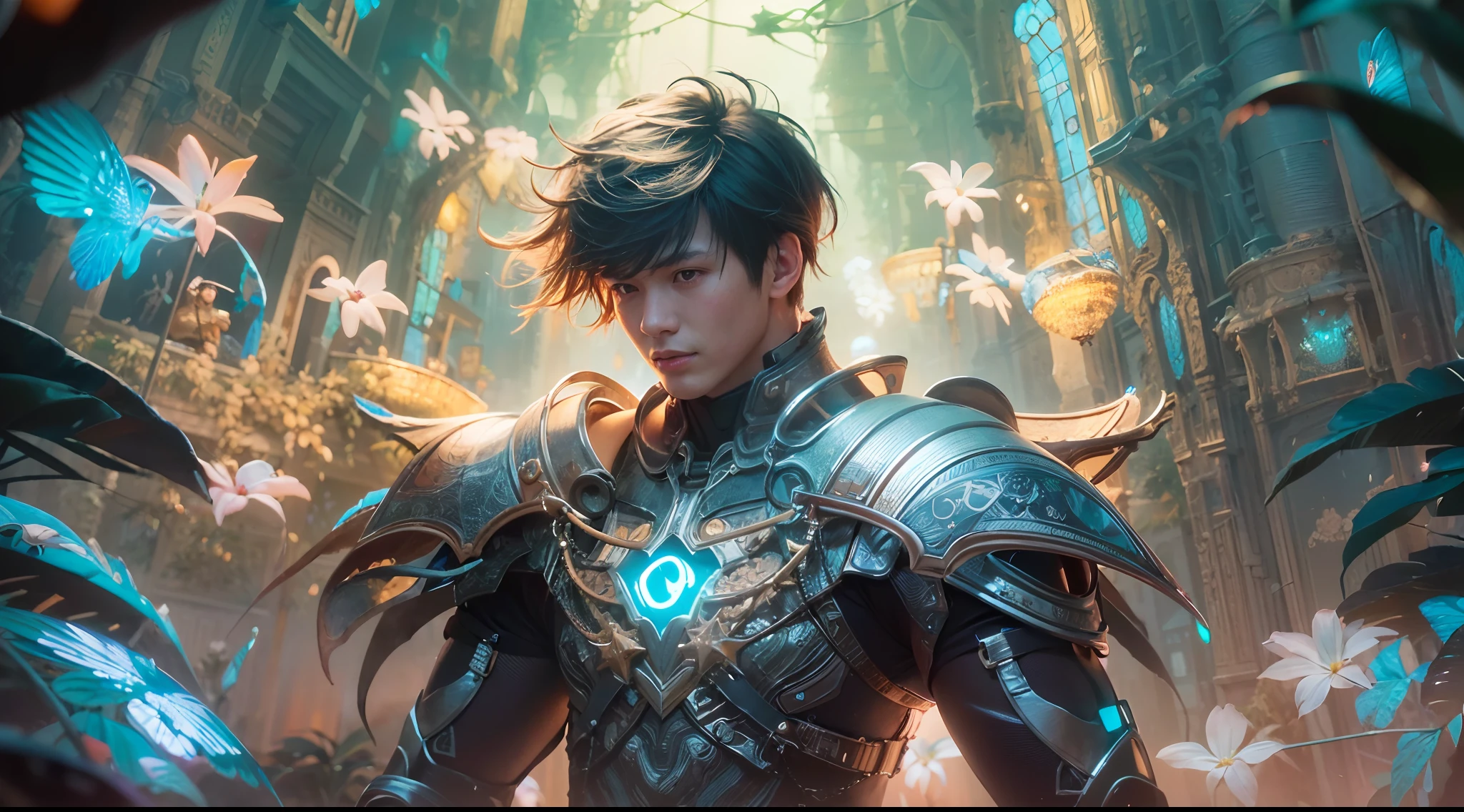 1boy, photo of very very handsome suave smiling young 25-year-old male Chinese prince, clothed in futuristic cybernetic armor, wearing a large futuristic crown, walking in an ethereal enchanted forest with neon glowing flowers and a rainbow in the sky, sci-fi, intricate, neon light, ((perfect face)), ((perfect hands)), ((perfect body)), ((correct anatomy)), ((ultra-realistic)), ((8k, UHD)), highly detailed, digital painting, artstation, concept art, human anatomy, soft light, smooth, illustration, art by tian zi and craig mullins and WLOP and alphonse mucha