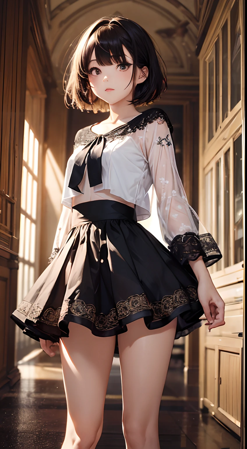 1girl in, (short detailed hair), Bright short skirt,(tmasterpiece, top-quality, Near and far law, depth of fields:1.5), Beautiful expression, 8K, RAW photogr, NFFSW, Photorealsitic, Film grains, color difference, A high resolution, ultra - detailed, finedetail, 动态照明, Dramatic lighting、shadowy、extremely detailed eye and face、Round pupils、Beautiful legs、Beautiful feet、standing、Luxurious room