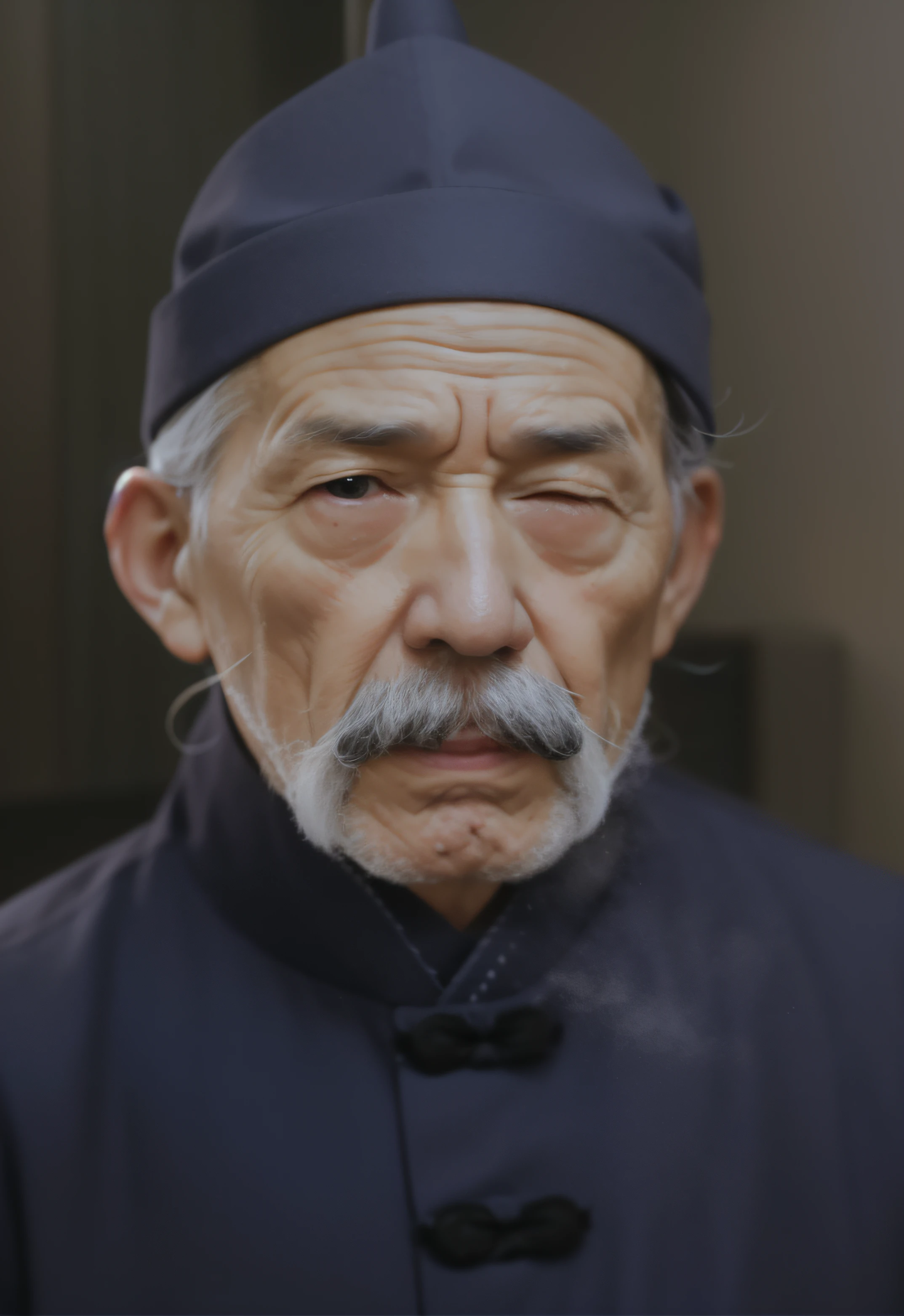 A photo of a 70-year-old,white mustache,Gray hair,One eye closed,Wears a Chinese black solid color hat,Dressed in Chinese black,Solid color cotton clothes,clean solid color background,The clothes are clear,Wash hats,The textures are hierarchical,HD 8K old photos