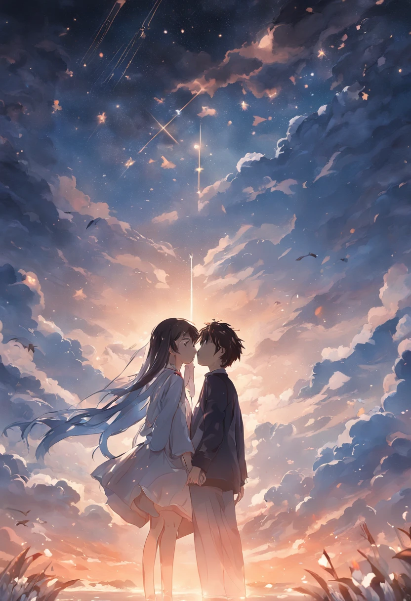 Dream colors,tmasterpiece,detaileds,starryskybackground,Clouds,光影效果，Film Effects,Rich in color，（（a couple）），embracing each other，（（（（In a kiss）））），Petals rained down，Full Moon Night，flower bloom，blurred foreground，depth of field effect，​masterpiece、top-quality、Movie stills、1girl in、Girl in a rear-facing uniform　Cloud Girl、floating in sky、a closeup、发光、Happiness、Warm and soft lighting、the morning sun、(Spark:0.7)　8K anime-style wide shot Beautiful island seen through the clouds々and sea views Very delicate images High-definition anime style Arms stretched out in parallel Mysterious scenery as if you were in heaven Many white birds fly around Old A scene from a large movie Cross the suspension bridge like a brown pulley