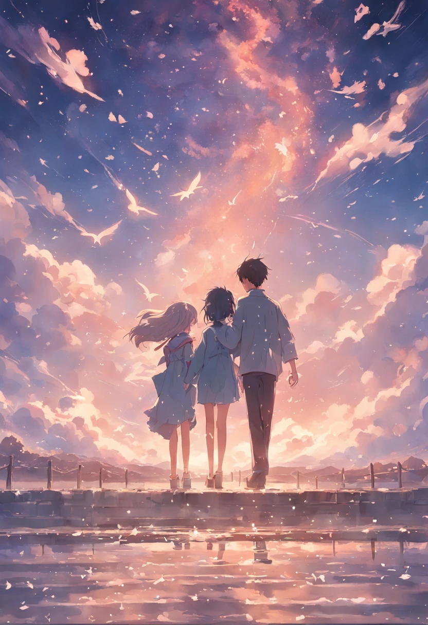 Dream colors,tmasterpiece,detaileds,starryskybackground,Clouds,光影效果，Film Effects,Rich in color，（（a couple）），embracing each other，（（（（In a kiss）））），Petals rained down，Full Moon Night，flower bloom，blurred foreground，depth of field effect，​masterpiece、top-quality、Movie stills、1girl in、Girl in a rear-facing uniform　Cloud Girl、floating in sky、a closeup、发光、Happiness、Warm and soft lighting、the morning sun、(Spark:0.7)　8K anime-style wide shot Beautiful island seen through the clouds々and sea views Very delicate images High-definition anime style Arms stretched out in parallel Mysterious scenery as if you were in heaven Many white birds fly around Old A scene from a large movie Cross the suspension bridge like a brown pulley