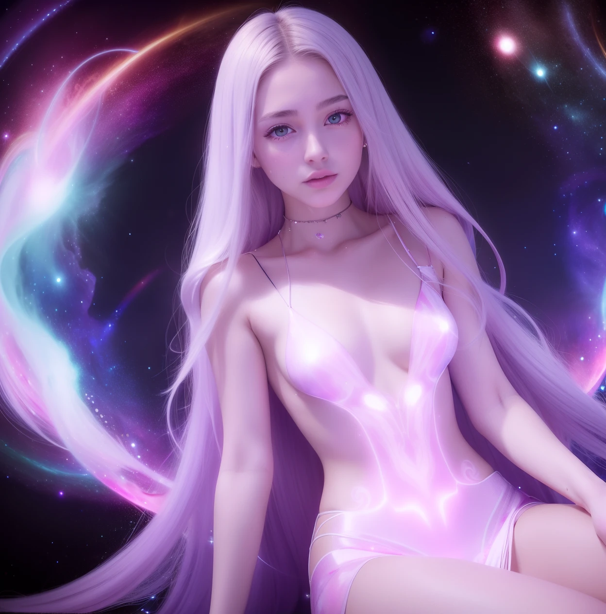 4K ultra hd, masterpiece, a girl with a magical aura, good face, long hair, shining hair, detailed eyes, glossy lips, wearing a dress in color red, aura around the body, magical effects, spreading white and white lights, Cosmic elements and ethereal atmosphere, A mix of bright lights and colorful nebulas, universe background, sitting, whole body capture.