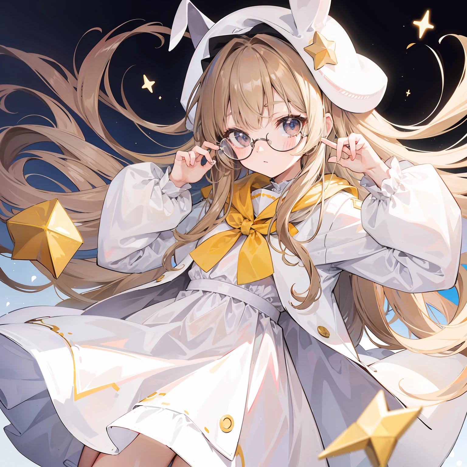 Slightly powdery light brown long hair,Milky white creamy cotton coat,It is a cute little li wearing glasses