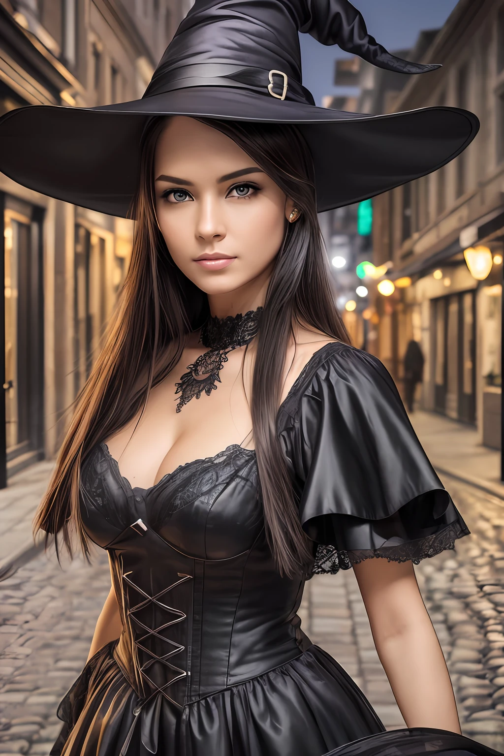 ((top-quality, 64K, high-level image quality: 1.3, Realistic, Photorealsitic: 1.4)), Crisp focus: 1.2, Beautiful Women in Perfect Style: 1.4, Slender face: 1.2, ((Black hair, Long hair, Big: 1.2, Slender features)), Highly detailed facial and skin texture, Detailed eyes, Double eyelids, Adult Woman, solo, (witch), hotel street, stone pavement, nighttime scene
