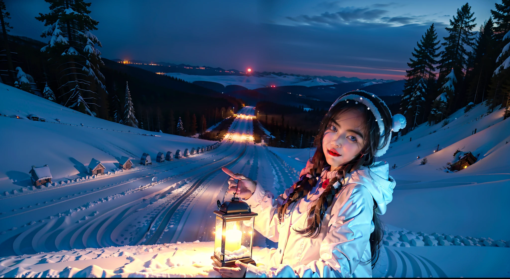 Faraway view，1 girl，Lolita costume， (Snow, Snow，Outdoor activities in winter:1.2)，Winter night view，In the snowy mountain forest，