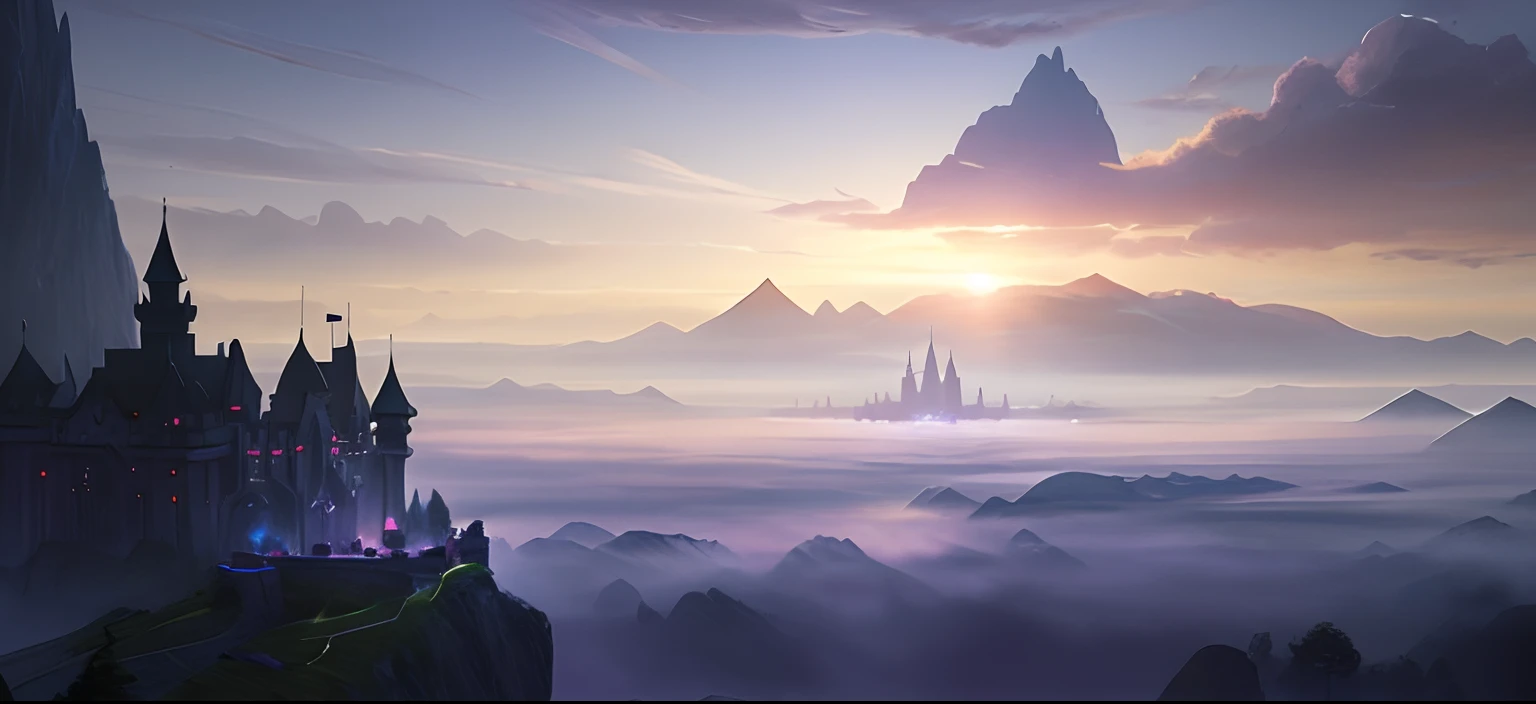 There is a picture of a fantasy scene,There is a castle in the distance, matte painting arcane dota pixar, stunning arcanum backdrop, dota matte painting concept art, dota! matte painting concept art, legend of korra setting, background artwork, concept art stunning atmosphere, light kingdom backdrop, concept art magical highlight, arte de fundo, dreamy matte painting