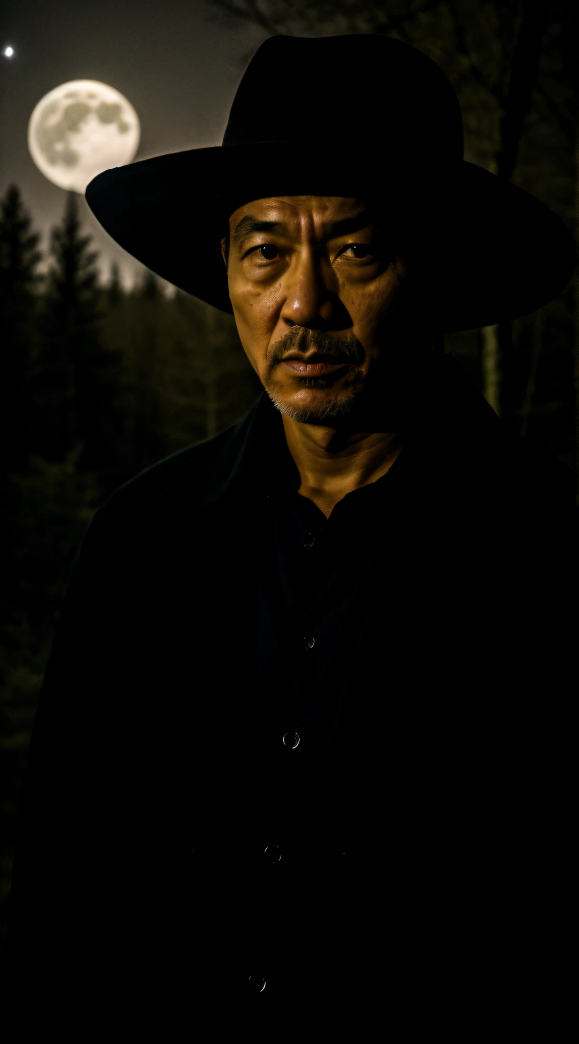 Pitch black night,The sky has small moons,in woods,Sixty-five years old,male people,Gloomy environment,With a hat,Put your hands in your pockets,looks into camera,Faint moonlight,full bodyesbian,Serious face,Clear face,realisticlying,Scary atmosphere,Sense of story,thriller,Asian people,chineseidol,The overall environment is terrifying,The environment is dark