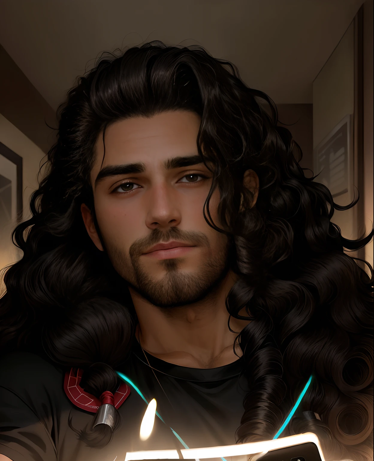 arafed man with long hair and a black shirt taking a selfie, with long curly hair, long messy curly hair, young with long hair, long spiky fluffy smooth hair, mid long hair, with long hair, his hair is messy and unkempt, messy curly hair, around 1 9 , large eyes and flowing long hair