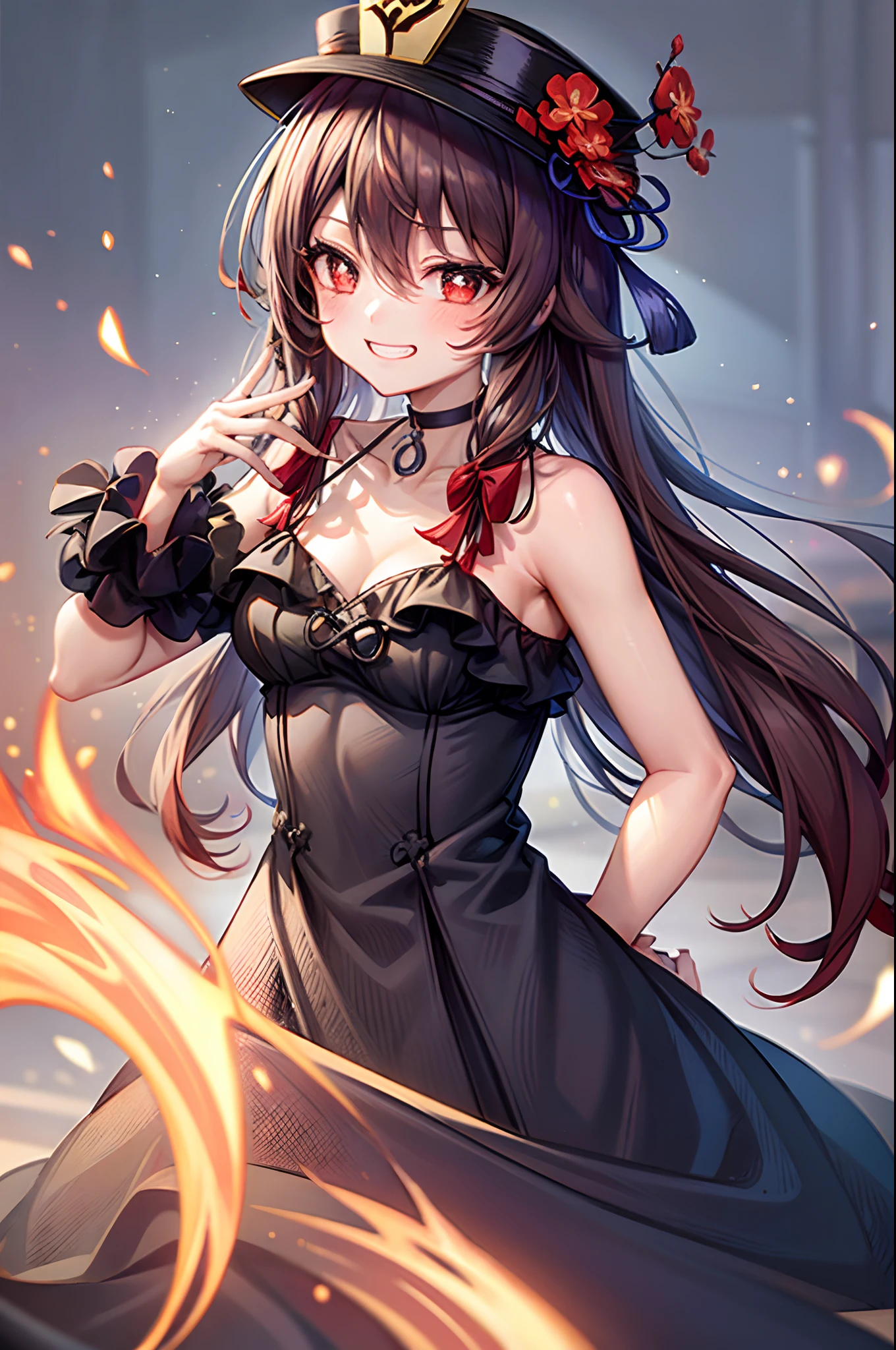 1girl, hu tao (genshin impact), hat, flower on hat,brown hair, twintails, smile, dress,  long hair, off-shoulder dress, ahoge, looking at viewer,  red dress, bare shoulders, grin, red eyes, flower-shaped pupils, blush, bangs, breasts, choker, collarbone, solo, nail polish, black nails, ribbon choker, bow, hair between eyes, hair ornament, sidelocks, cleavage, wrist ribbon, very long hair, teeth, cowboy shot