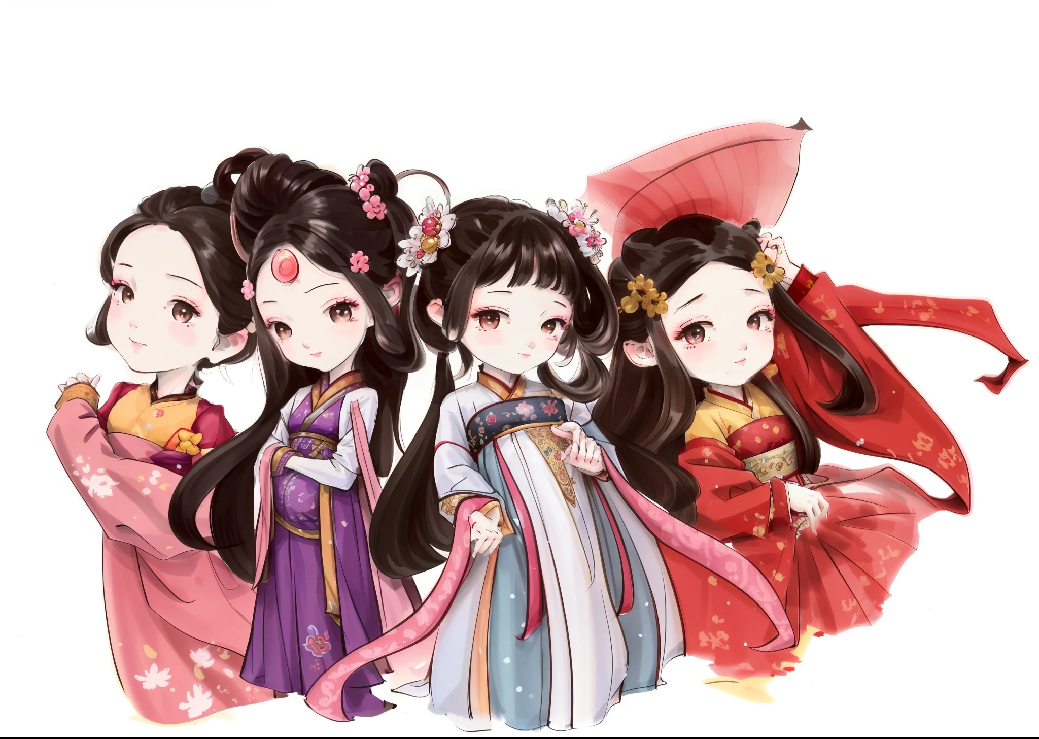 Four Asian girls in traditional dress stand together, Wearing ancient Chinese clothes, chibi anime, Palace , Girl in Hanfu, official fanart, Princesa chinesa antiga, ancient chinese beauti, anime chibi, Chibi Art, ancient asian dynasty princess, High-quality fanart, with acient chinese clothes, China Princess, :14 80s anime style, Traditional Chinese clothing,Four beauties,Tang suit,Hand drawn beauty,Femme and moving,Raised sexy,Enchanting,seductiv,Seductive expressions