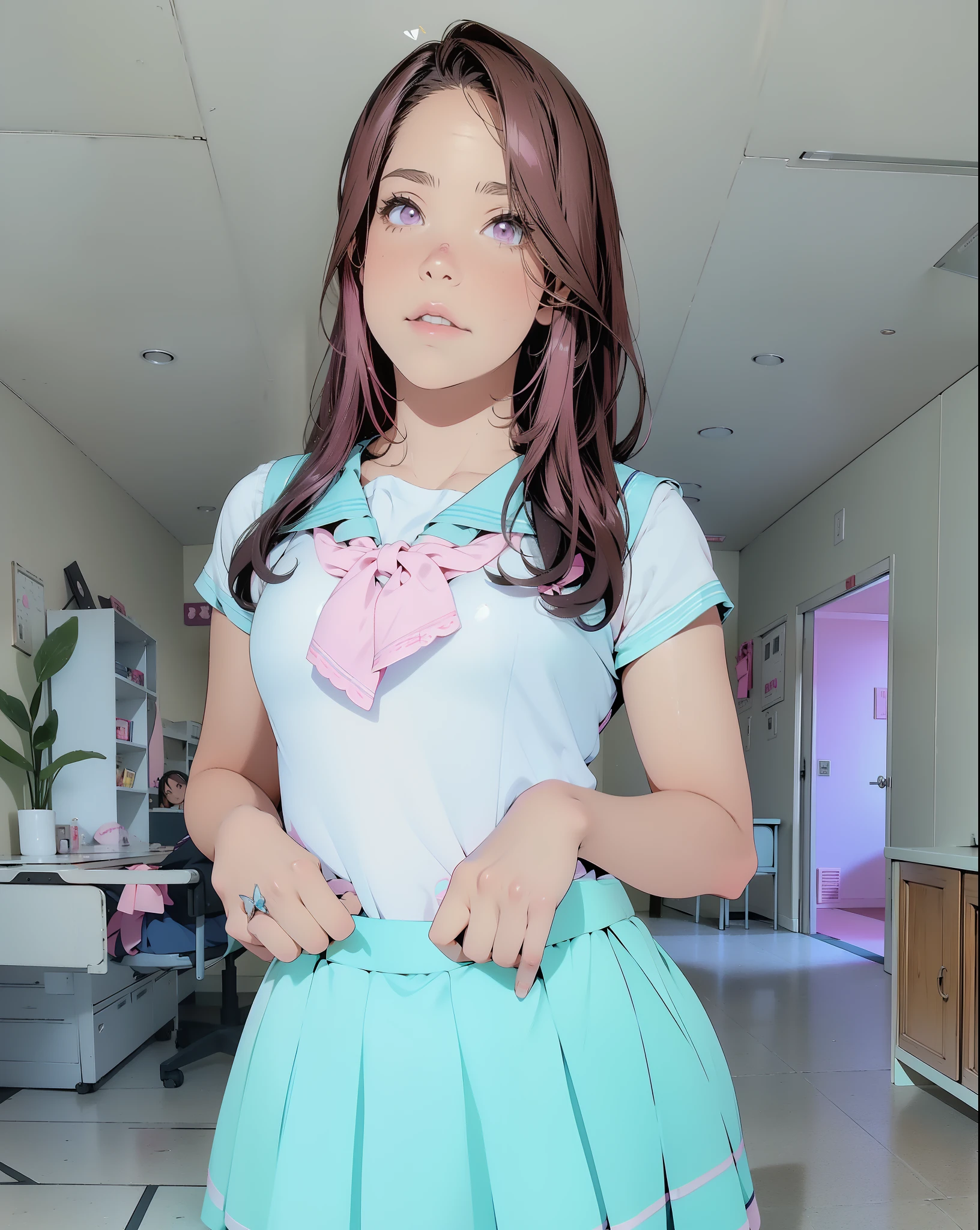 there is a woman in a dress that has a pink bow on it, belle delphine, pokimane, anime girl in real life, dressed as schoolgirl, magic school uniform, sailor uniform, amouranth, sakimichan, loli in dress, anime girl cosplay, cute schoolgirl, as an anime character, magical school student uniform