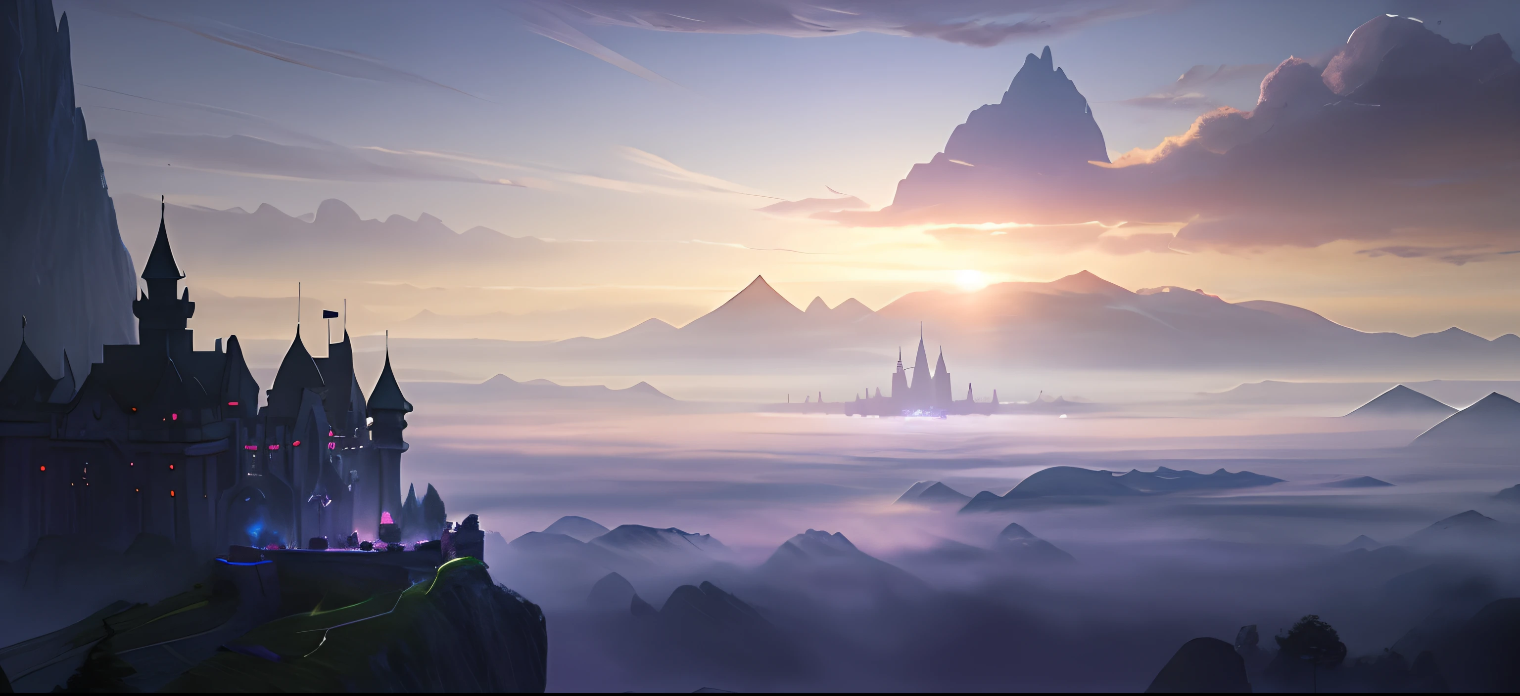 There is a picture of a fantasy scene，There is a castle in the distance, matte painting arcane dota pixar, stunning arcanum backdrop, dota matte painting concept art, dota! matte painting concept art, legend of korra setting, background artwork, concept art stunning atmosphere, light kingdom backdrop, concept art magical highlight, arte de fundo, dreamy matte painting
