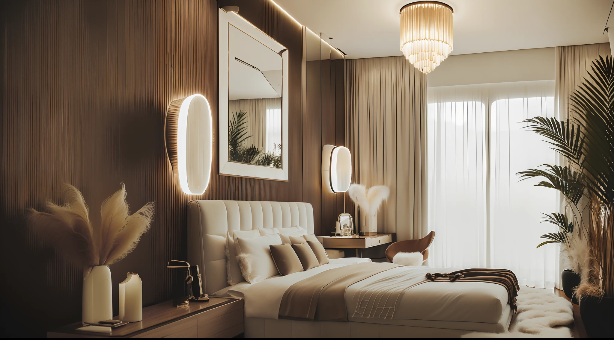 (spectacular landscape:1.1), best quality, super detail,(best quality:1.2, super detail:1.1, inspirational landscape:1.1), best quality, prime detail, super detailed, ((best lighting, modern bedroom :1.2)) ,with white curtains, remove carpet, brown wooden floor, wall by size bed ( glass, solid breck 0,75), ((fur rug:1.3))