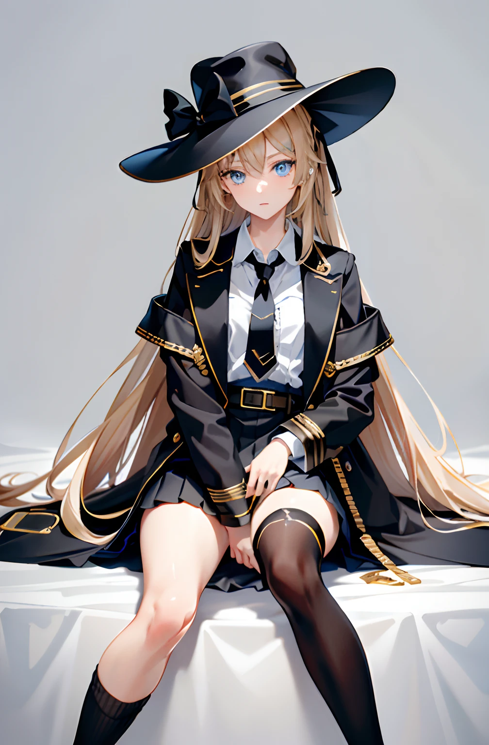 tmasterpiece，Top image quality，Extremely quality，Black painter's hat，golden hair，1girl,wide blue eyes，Reclining against the background，One leg straight，One leg is bent，black over-the-knee socks，Small leather shoes，a black skirt，Wear a coffee-colored trench coat，C cup，solid color backdrop，