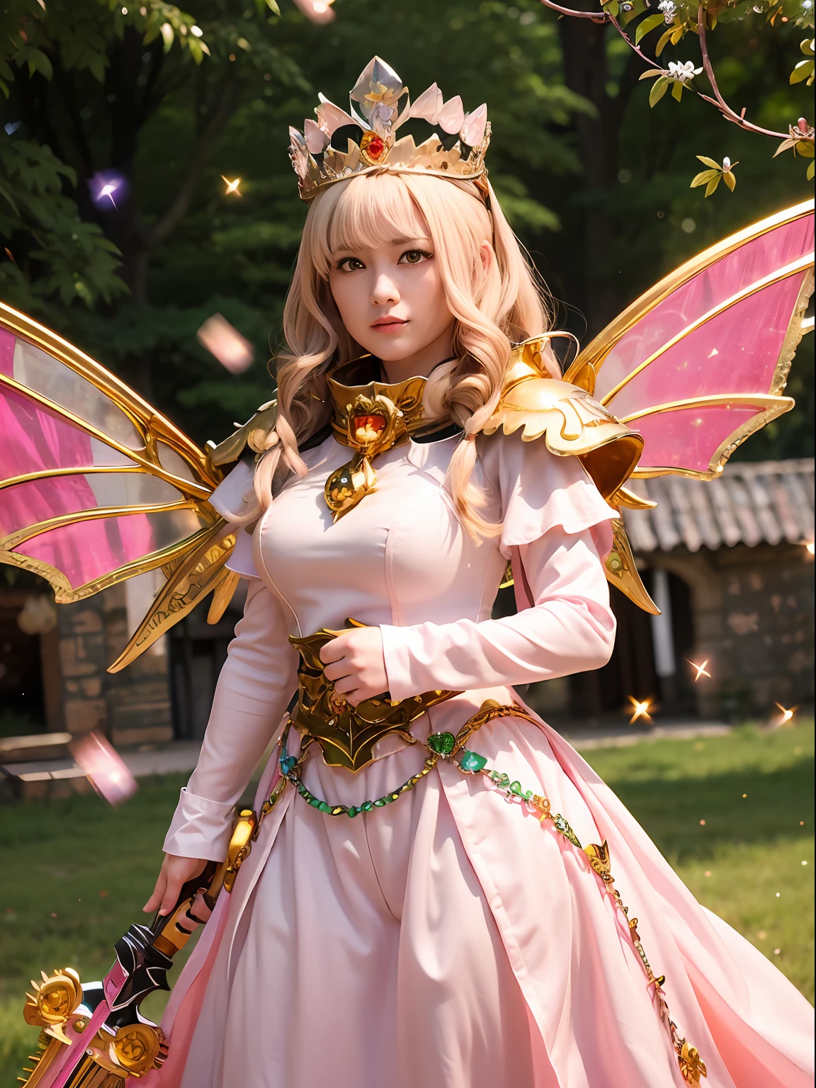 (masutepiece), Professional , ​masterpiece、top-quality、photos realistic , depth of fields （Gemstone Silver Metal Body:1.９),(Matte Pink、Jewel Gold Weapon、（Gorgeous castle background）、（ultimate beauty girl）、（Rainbow fairy wings grow）、Particles of light、（Jewel Metal Body:1.９),Gorgeous Jewel Metal Weapons , Detailed Sword of the Brave ,（ a blond）   ,warhammer 40k , adepta sororitas,Detail and ornate jewel crown、独奏、Brown hair、（Gangle's forest background）、Beautiful Caucasian beauty、１a person、dynamic ungle,(((Diamond tiara with detail and luxury)))、a small face、Powerful poses、（Gorgeous castle background）、huge filesize、20 year old beautiful woman、Stand in the center of the screen、Thin female fingers、Straight long hair、Beautiful Caucasian beauty、（maikurobikini）、Hair fluttering in the wind、face forwards、Look at viewers、