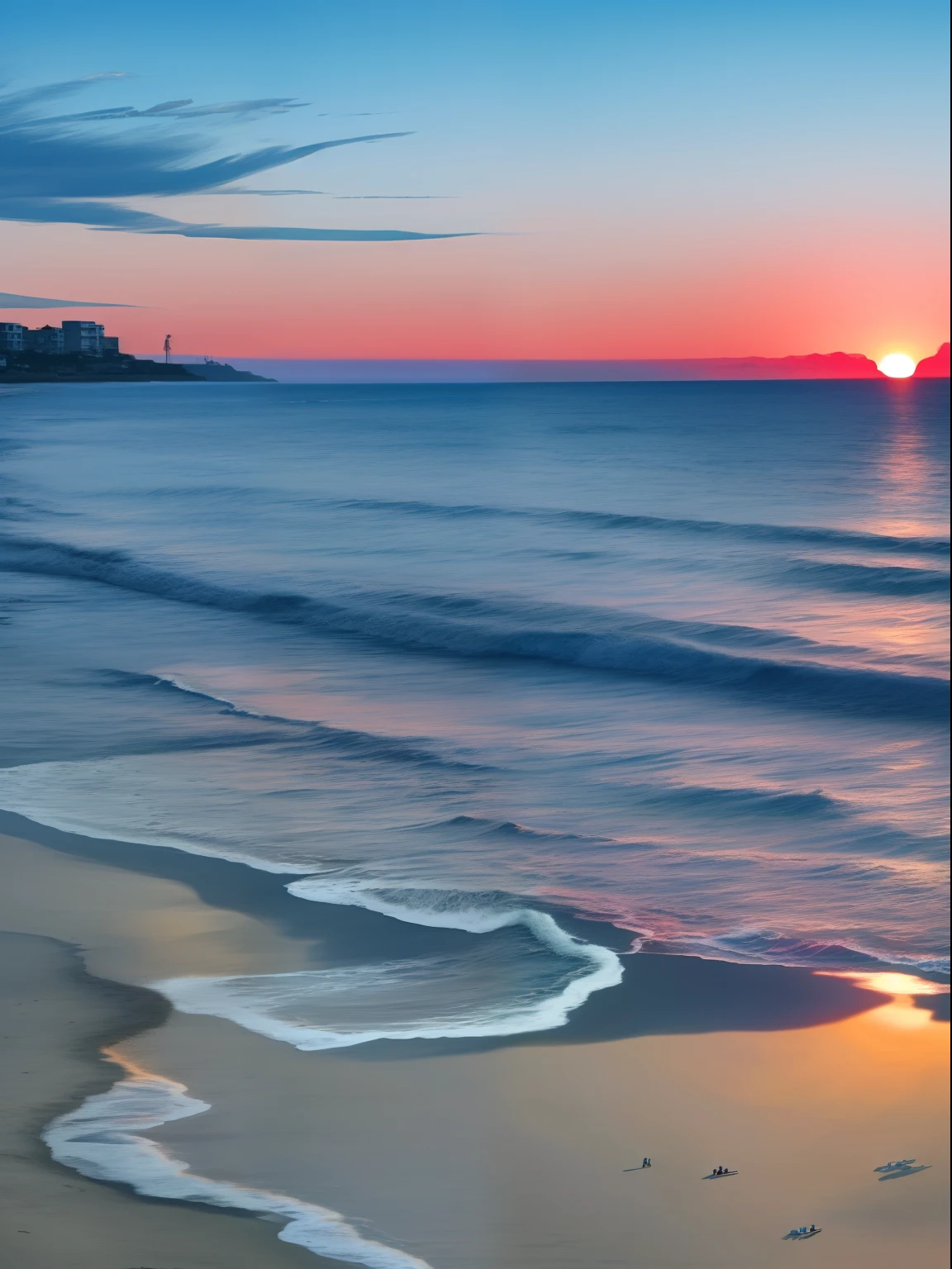 beachside，setting sun，Several teenagers