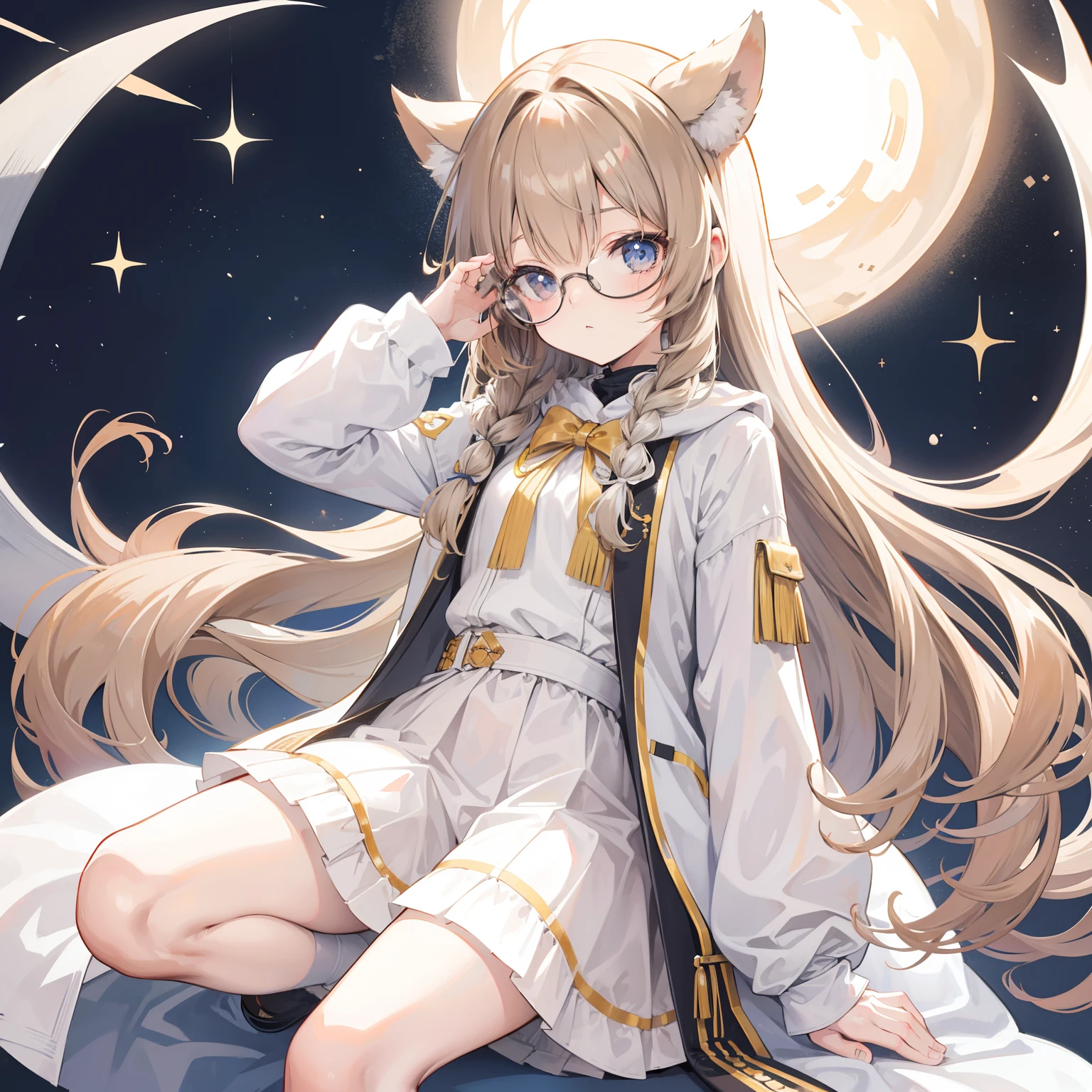 Long light brown hair with a slightly powdery twist,Milky white milky cotton coat,This is a cute little li with glasses
