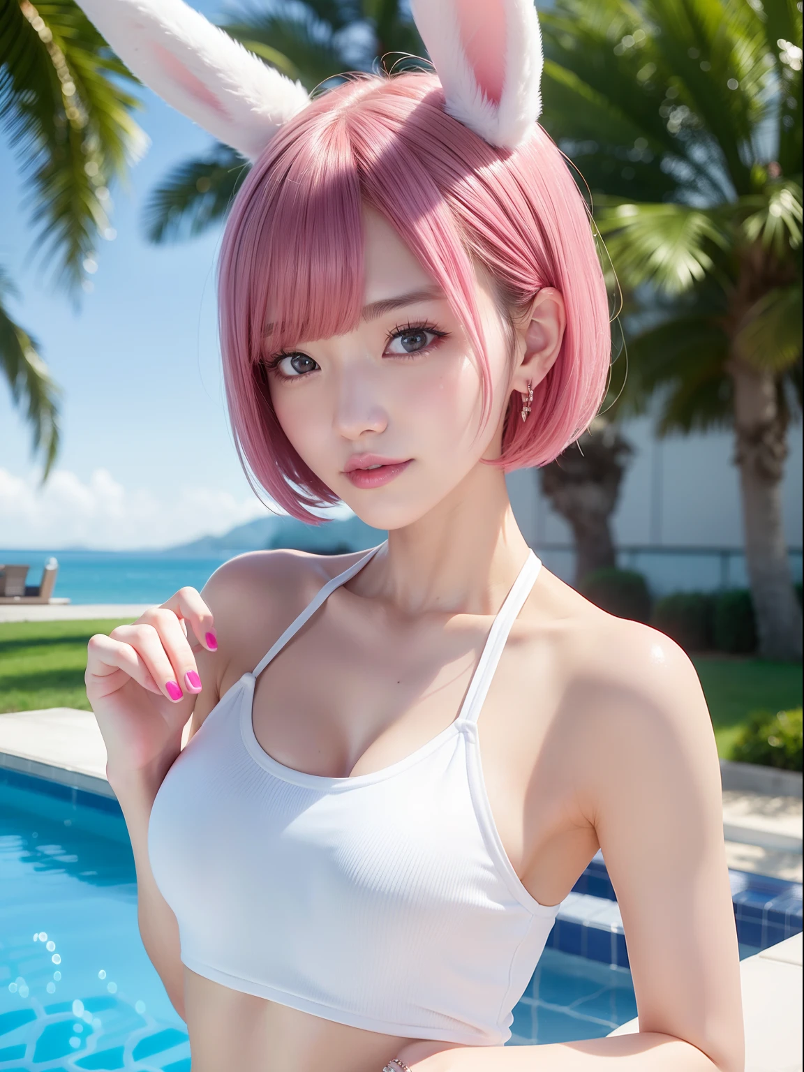 Single shot on a beach in Hawaii、Gravure photography、Realistic rabbit ears、Beautiful bust top、rabbit ears stick out of the head,,,,,,,,,,,,,,、hawaii、Pink hair、Pink rabbit ears、1 girl in、独奏、Pink bra、Pink Panties、​masterpiece、top-quality、realisitic、Hyper-detailing、(Glossy skin、be sweaty:1.4)、absurderes、Looking at the camera、short pink hair、Brown-eyed、Slender beauties、动态照明、hight resolution、foco nítido、depth of fields、Detailed eye、Sharp eyes、Realistic eyes、(small tits:1.6)、(thick thight:1.0)、Protruding pubic hair、Beautiful shaped、Beautuful Women:1.4、Slender Abs:1.2、((Short-cut bob hair))、((small tits:1.4))、((k pop:1.3))、((Lingerie 1.5))、Highly detailed facial and skin texture、((the pose))、((魅惑的))、Anatomically correct number of fingers、Correct anatomy、