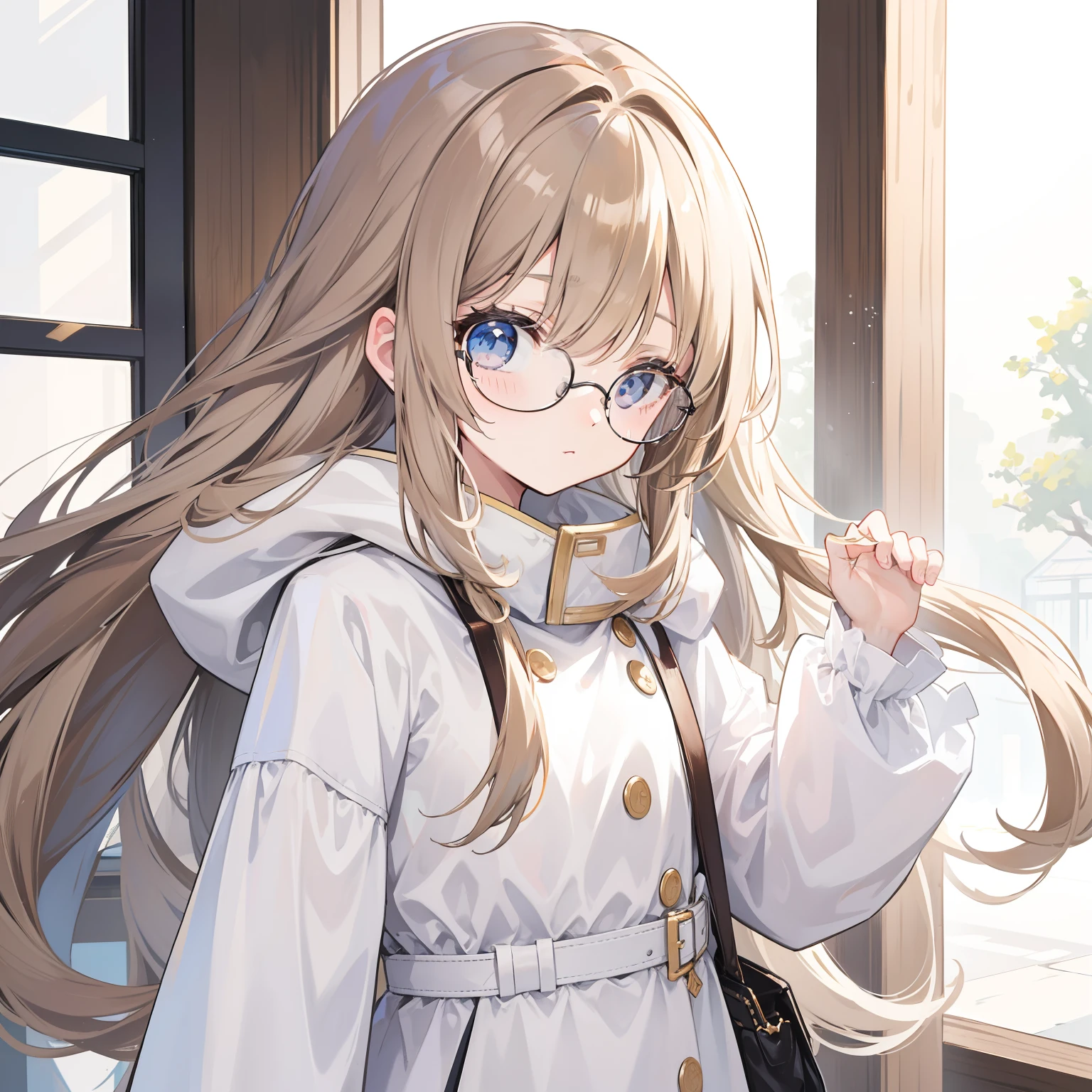 Long light brown hair with a slightly powdery twist,Milky white milky cotton coat,This is a cute little loli with glasses
