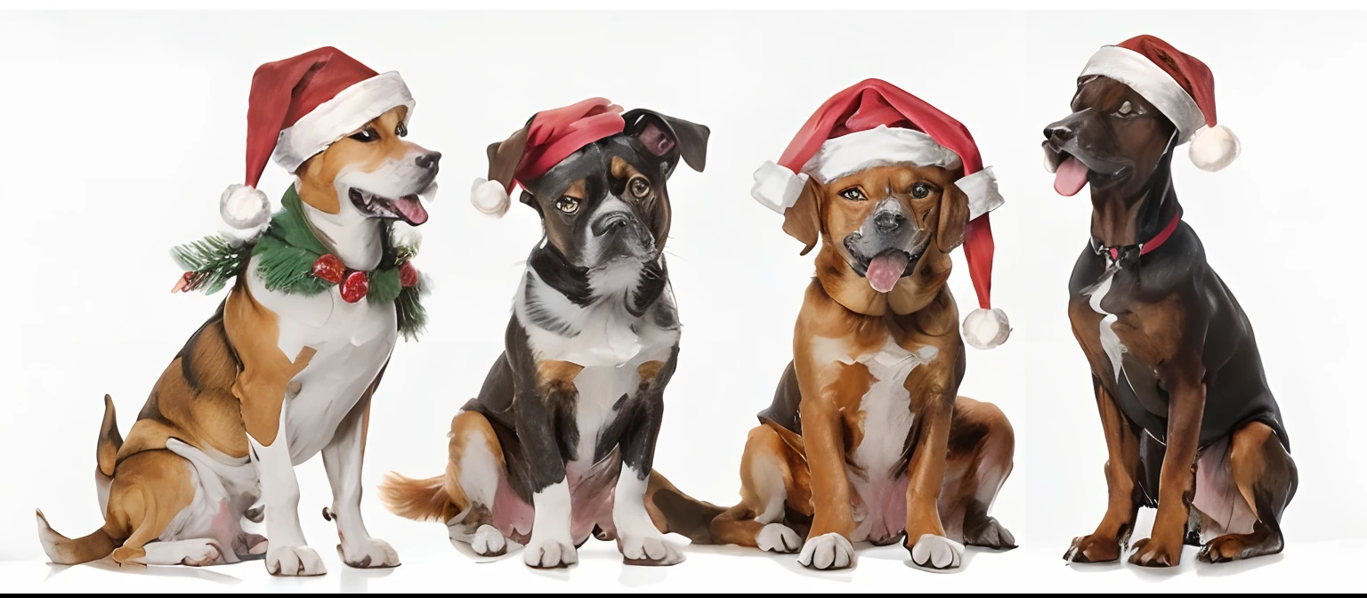 Three dogs in Christmas hats sitting side by side, wearing festive clothing, Dogs, advertisement picture, author：Maximilian Vanka, hyper realisitc, Profile picture, pets, 3 pm, LOL, Wear a Christmas hat, Ultra photo realsisim, adolable, Wear a Christmas hat, Profile image, Very realistic, promo image, shutter inventory, festivity, amusing