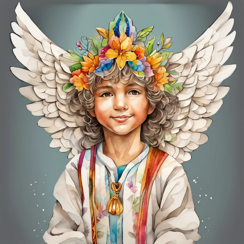 (FULL BODYSHOT:1.4), White background, (1 Angel boy,Glowing wings, Halo, Exquisite headdress, Smile), (paper art, Quilted Paper Art, Geometry), highly colorful