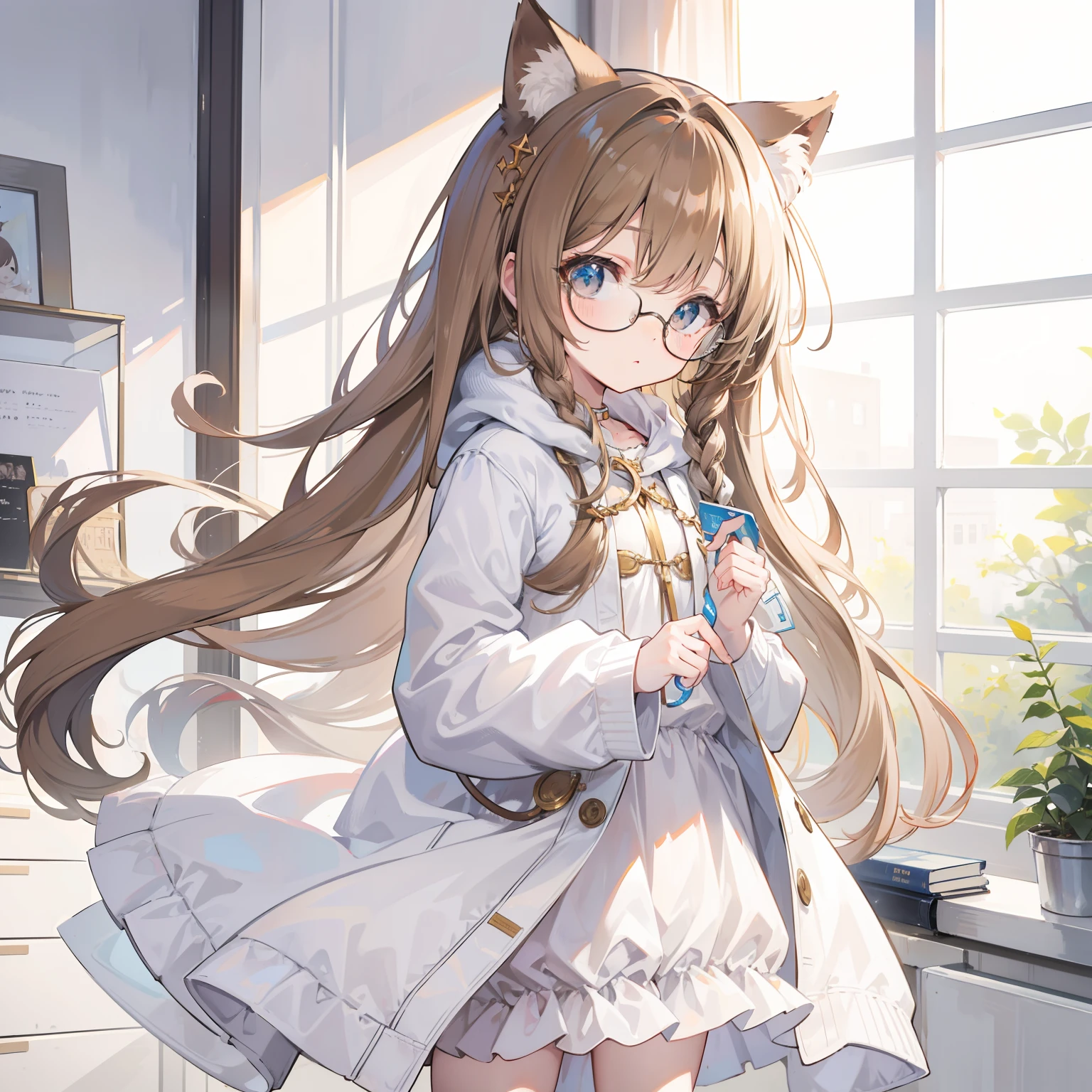 Long light brown hair with a slightly powdery twist，Milky white milky cotton coat，This is a cute little li with glasses