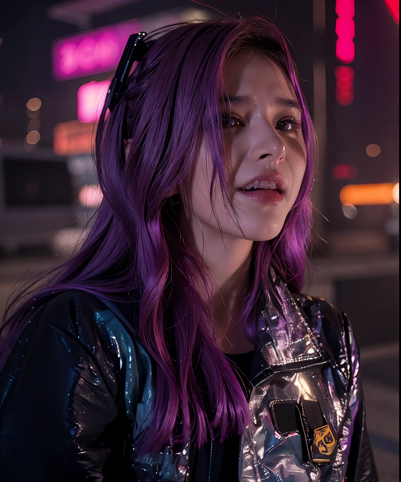 azarar,Liga das Lendas,ultra realistic,plaits,cabelo roxo,fotografia,Moretz,cenario fundo cidade cyberpunk destruida,jaqueta roxa com listras brancas,
