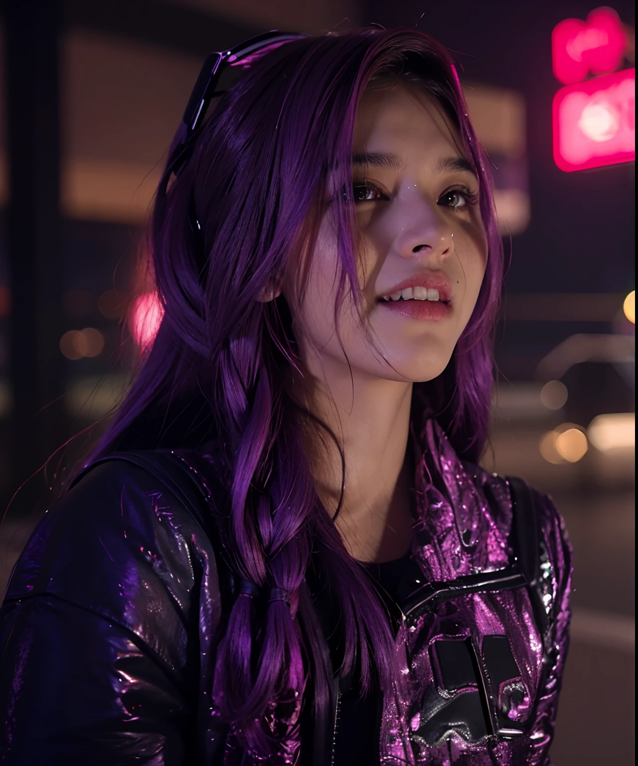 azarar,Liga das Lendas,ultra realistic,plaits,cabelo roxo,fotografia,Moretz,cenario fundo cidade cyberpunk destruida,jaqueta roxa com listras brancas,