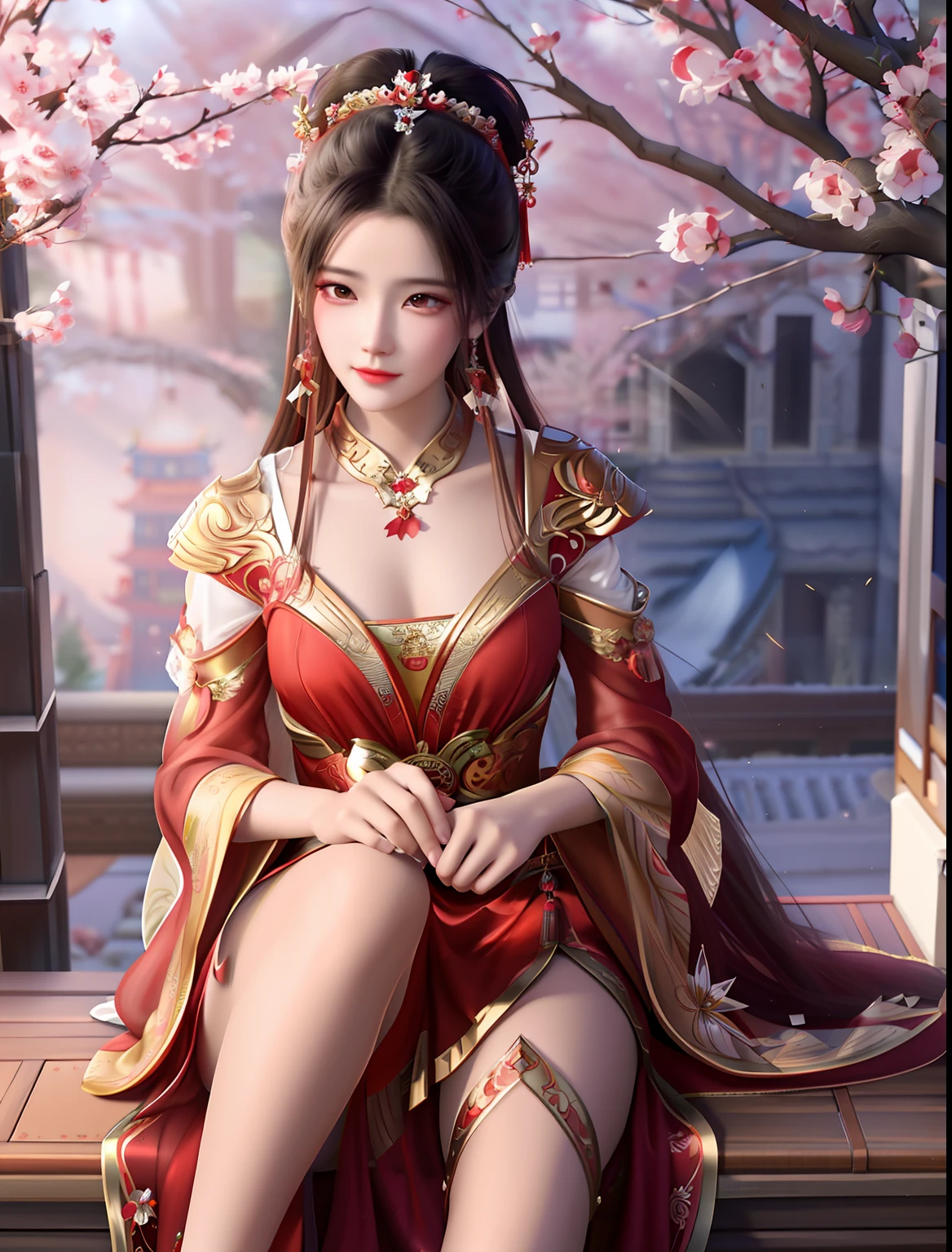 Close-up of a woman in a red dress sitting on a windowsill, a beautiful fantasy empress, Inspired by Lan Ying, Palace , A girl in Hanfu, 8K high quality detailed art, trending on cgstation, ((a beautiful fantasy empress)), Beautiful character painting, Beautiful rendering of the Tang Dynasty, digital fantasy art ), inspired by Du Qiong