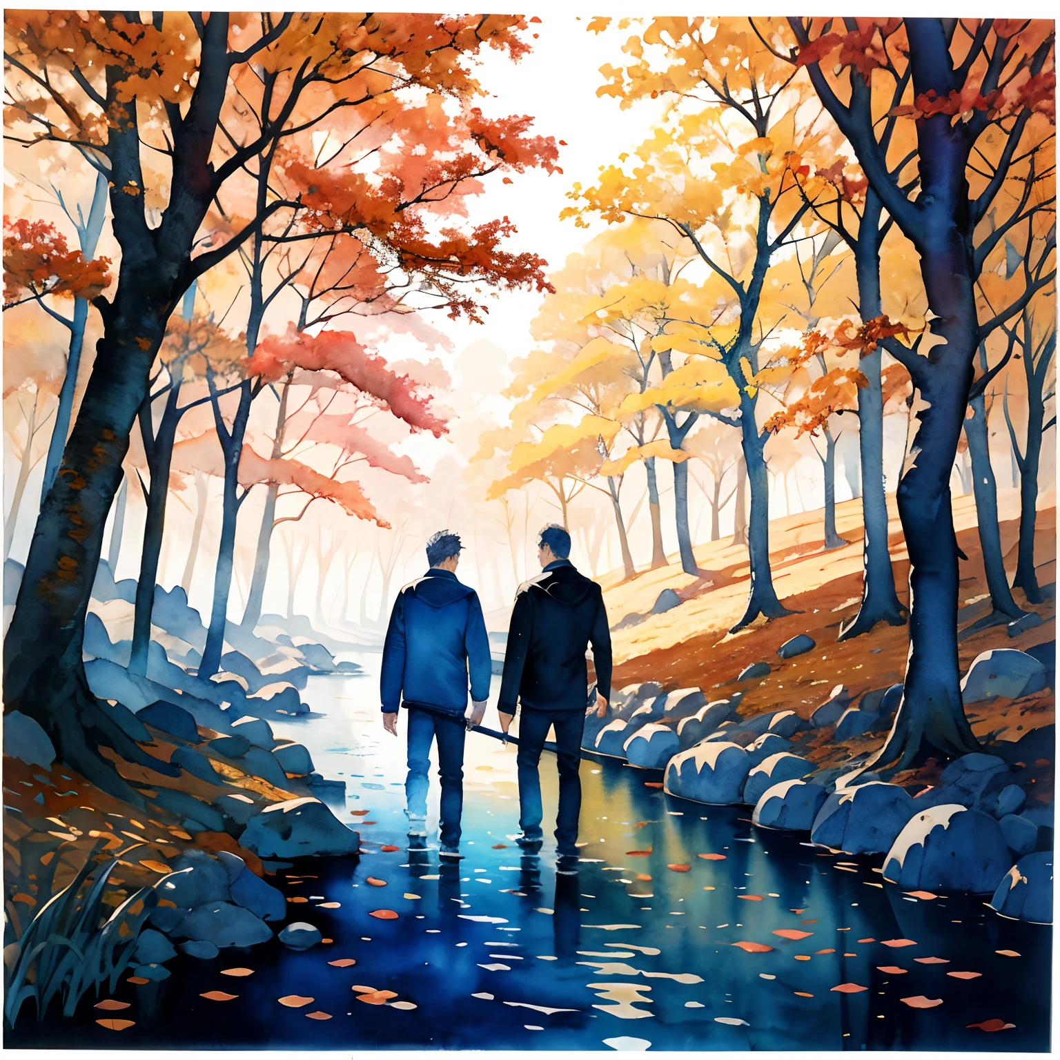 (Need),(tmasterpiece:1.2),(a color:0.9),(Splash ink),(Splash color),((aquarelle)),Clear and sharp,Autumn forest background，Colored watercolor，Two men，ultra-wide-angle，8k