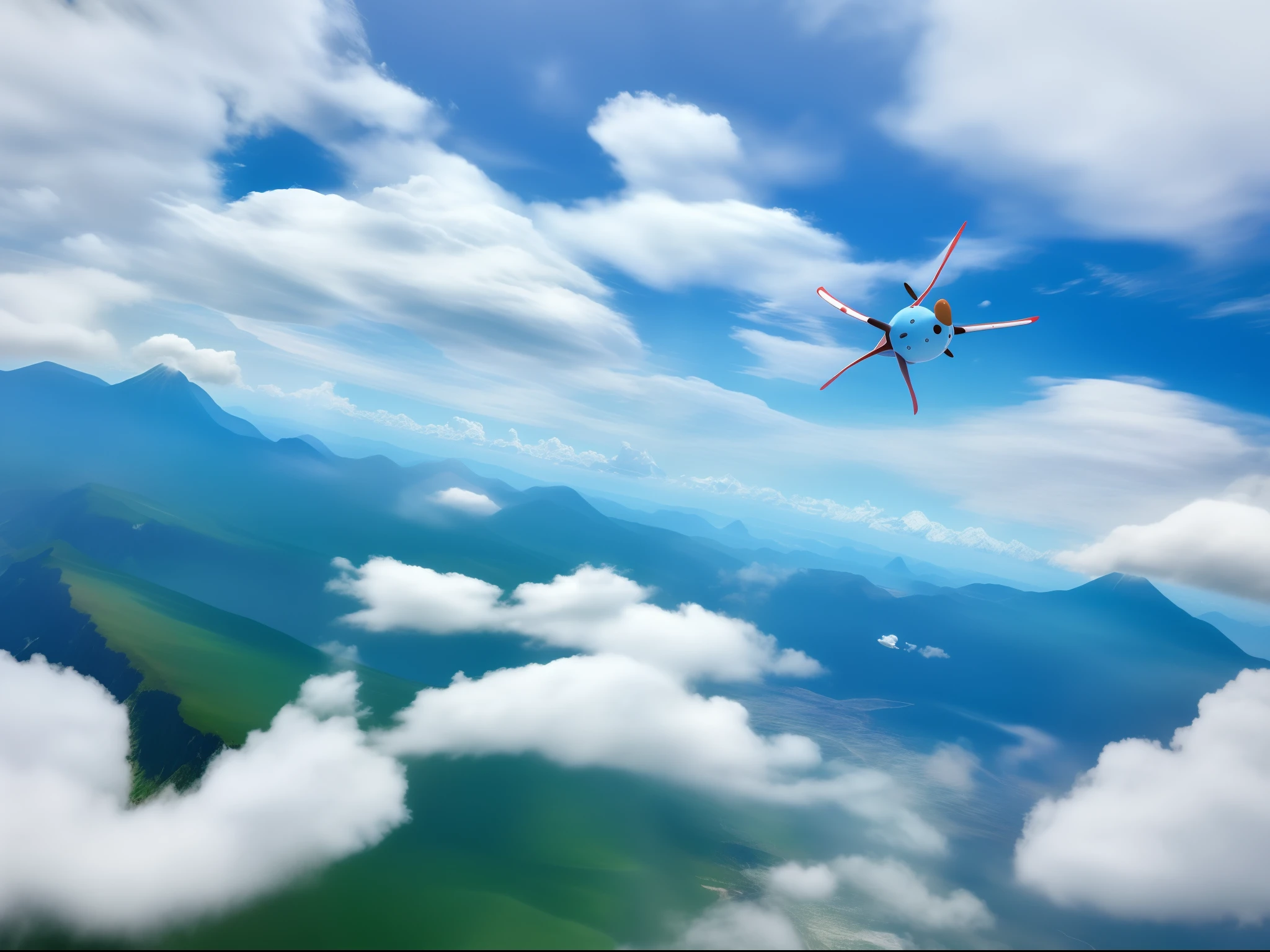 Travel season,Propeller aircraft、in a cloud,Far Mountain,planet earth,C4D, anime big breast,hiyao miyazaki,super detailing,high qulity,Don't be characterized