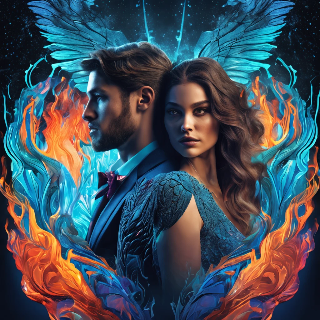 Luxury product style a man and woman standing next to each other with fire coming out of them, tumblr, psychedelic art, 😃😀😄☺🙃😉😗, lovely kiss, blue and cyan colors, beautiful detail and color, dark and intricate, hug, .highly realistic, kissing together cutely, primeval duality, beautiful avatar pictures, highly intricate and colorful . Elegant, sophisticated, high-end, luxurious, professional, highly detailed, Broken Glass effect, no background, stunning, something that even doesn't exist, mythical being, energy, molecular, textures, iridescent and luminescent scales, breathtaking beauty, pure perfection, divine presence, unforgettable, impressive, breathtaking beauty, Volumetric light, auras, rays, vivid colors reflects
