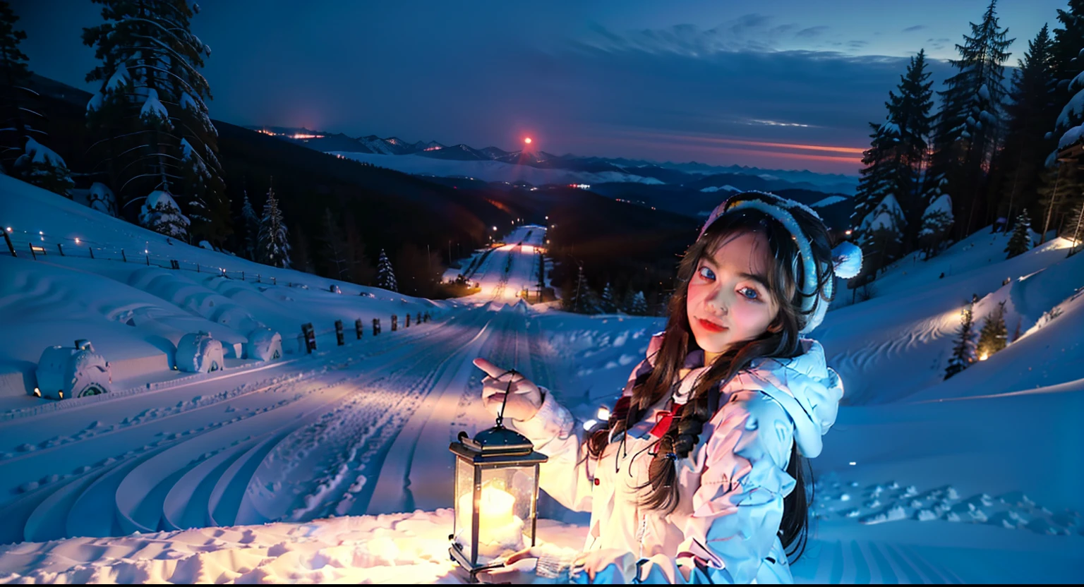 Faraway view,1 girl,ta costume, (Snow, Snow,Outdoor activities in winter:1.2),Winter night view,In the snowy mountain forest,