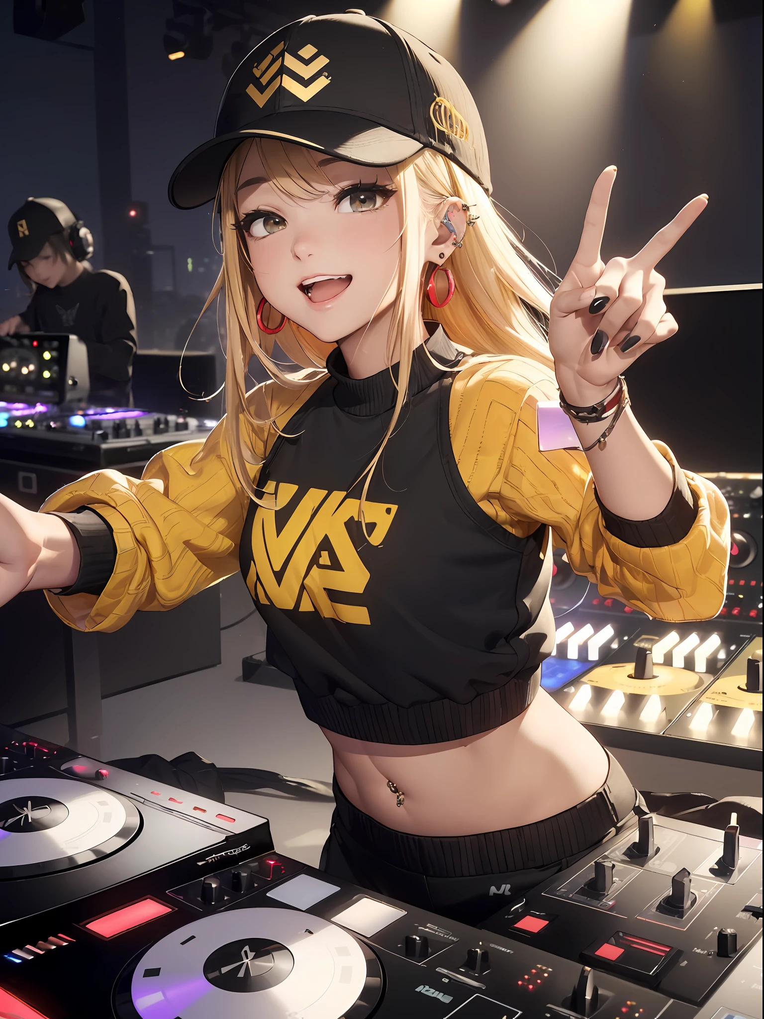 absurderes,(masterpiece、top-quality、8K ),intricate detailes,ultra-detailliert、one girls、(Amazing smile、winc、Mouth open:1.3), 、(gals:1.4)、(ear piercings、Navel piercing:1.4),((DJ Girl:1.5)),(a blond:1.3),((Black、skin tanned:1.4)),(Black Sports Bra、Yellow jumper,Red cool cap hat with logo:1.3),(Live Stage:1.3),(turntable、Mixing Machine、Sampling Machine、Rhythm Box、mixer,synthesizer、Monitors:1.2),Stage Live Background、Spotlight from behind、Hyper realistic,Perfect Anatomy