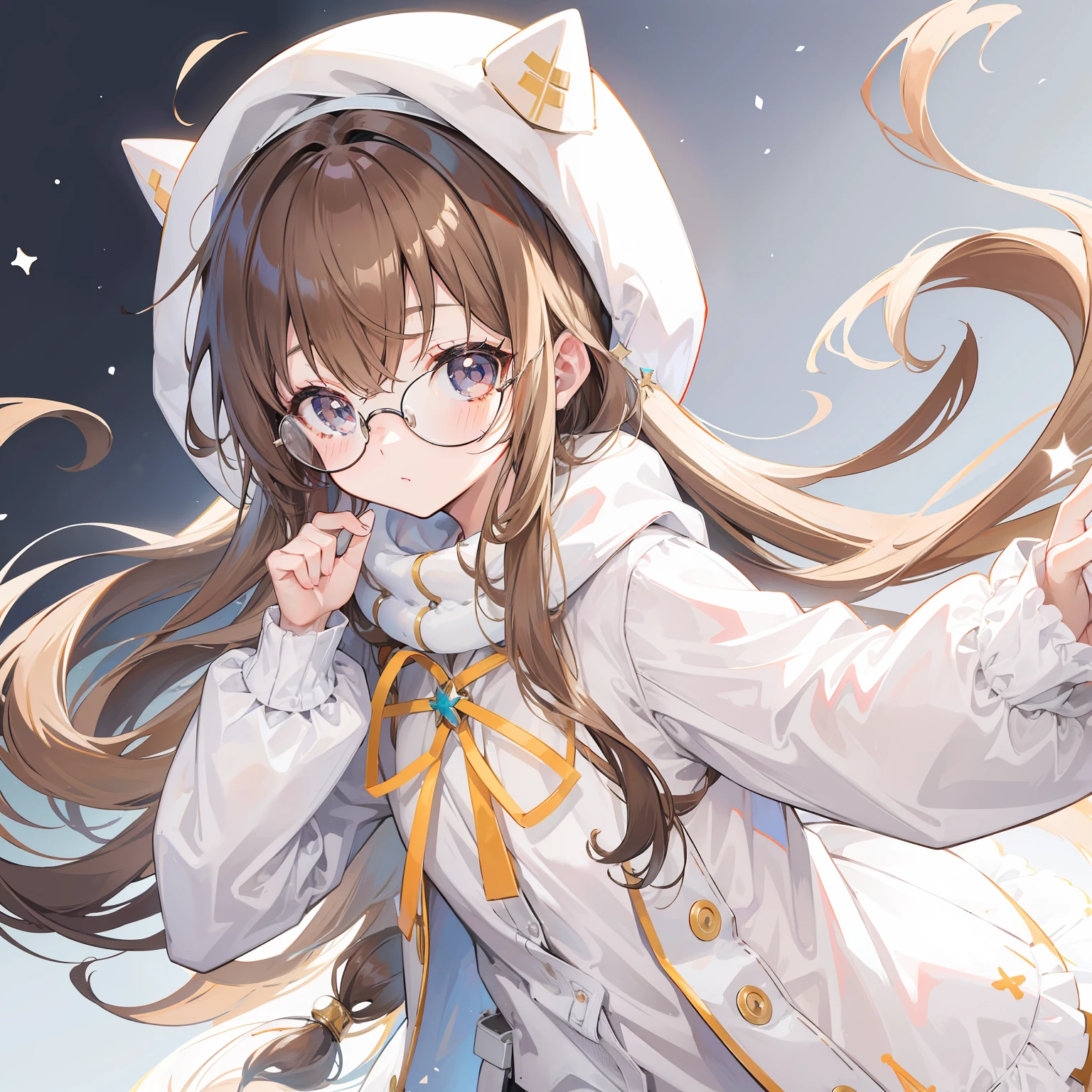 Long light brown hair with a slightly powdery twist,Milky white milky cotton coat,This is a cute little li with glasses