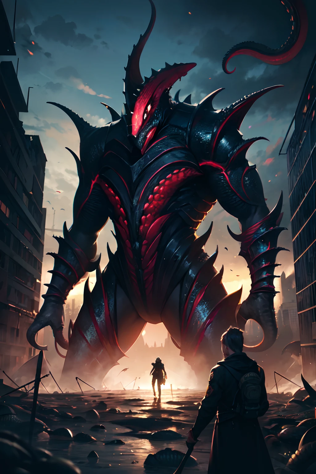 8K, Super detail, ccurate, Best quality, Masterpiece, Super detail, High details, High quality, Best quality, A high resolution
,nigth,darkly,raiden,city ruins,Cthulhu,Monster,Fish,tentaculata