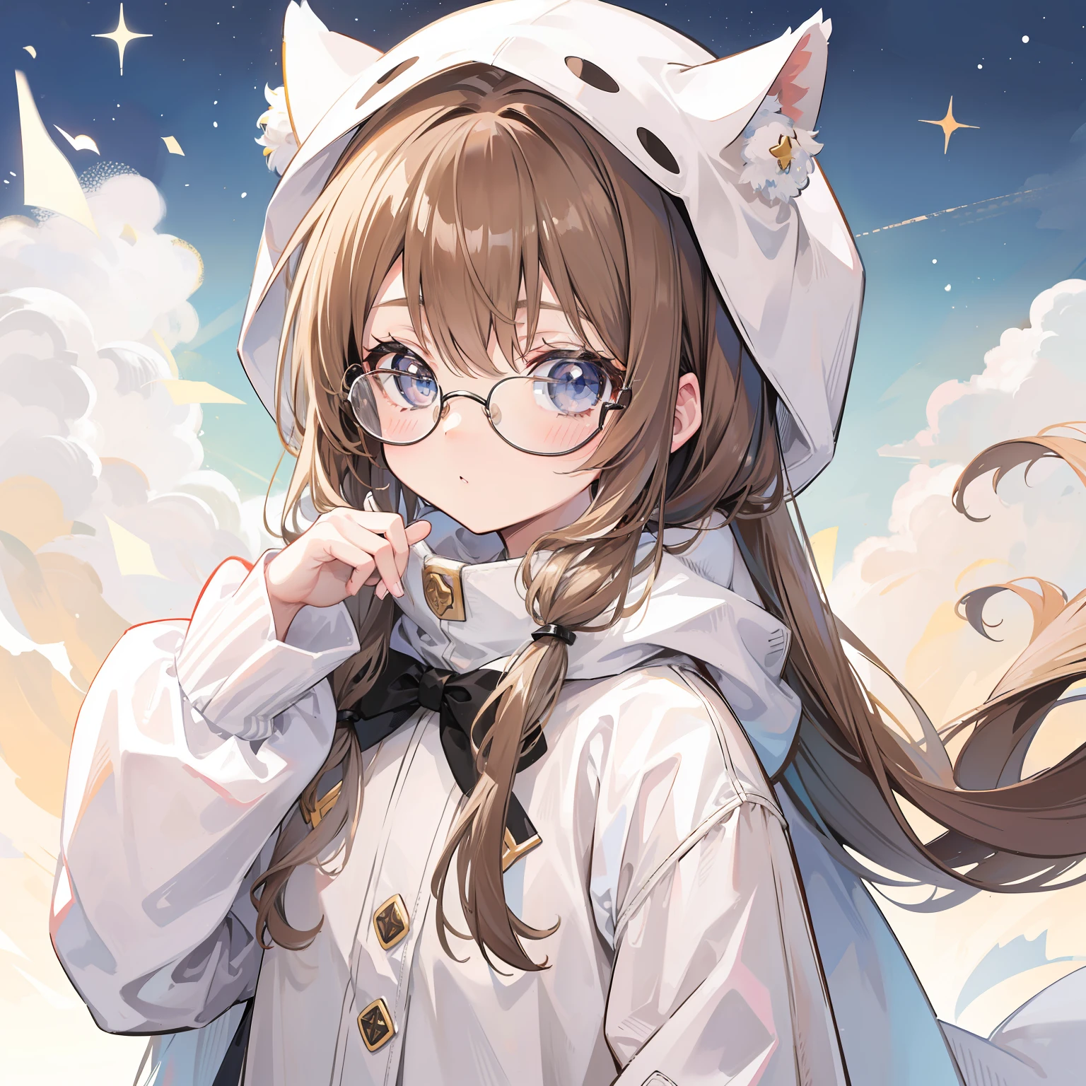 Long light brown hair with a slightly powdery twist,Milky white milky cotton coat,This is a cute little loli with glasses