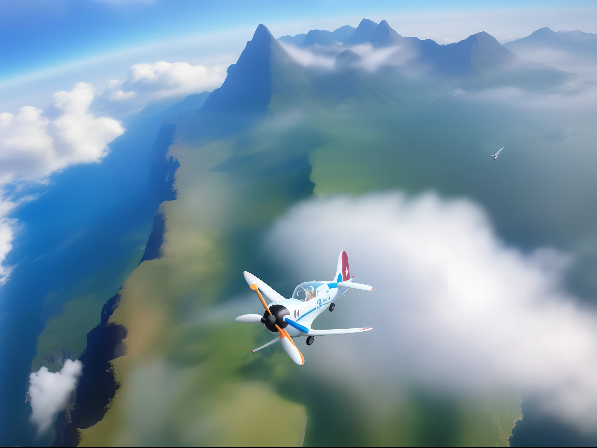Travel season,Propeller aircraft、in a cloud,Far Mountain,planet earth,C4D, anime big breast,hiyao miyazaki,super detailing,high qulity,Don't be characterized
