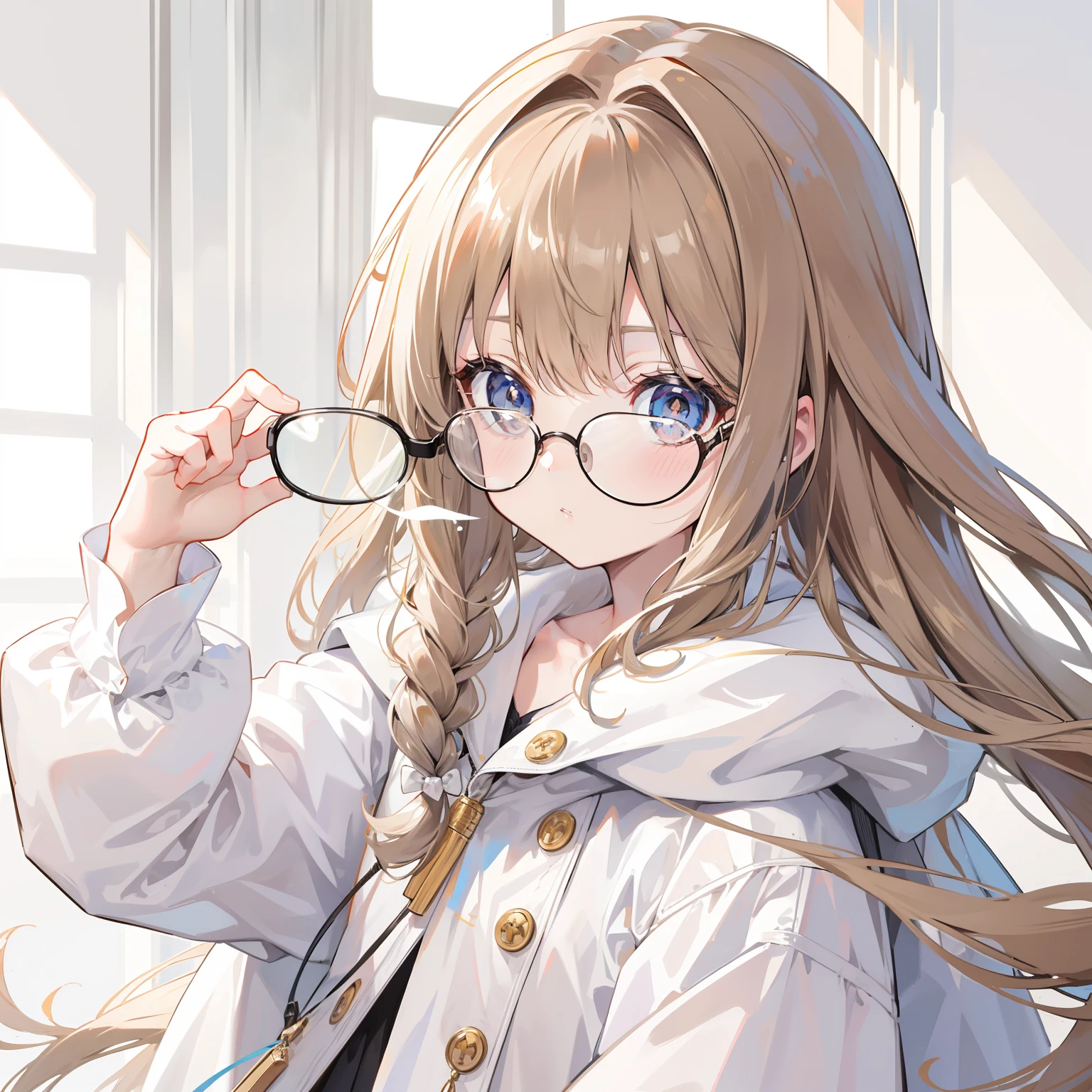 Long light brown hair with a slightly powdery twist，Milky white milky cotton coat，This is a cute little li with glasses