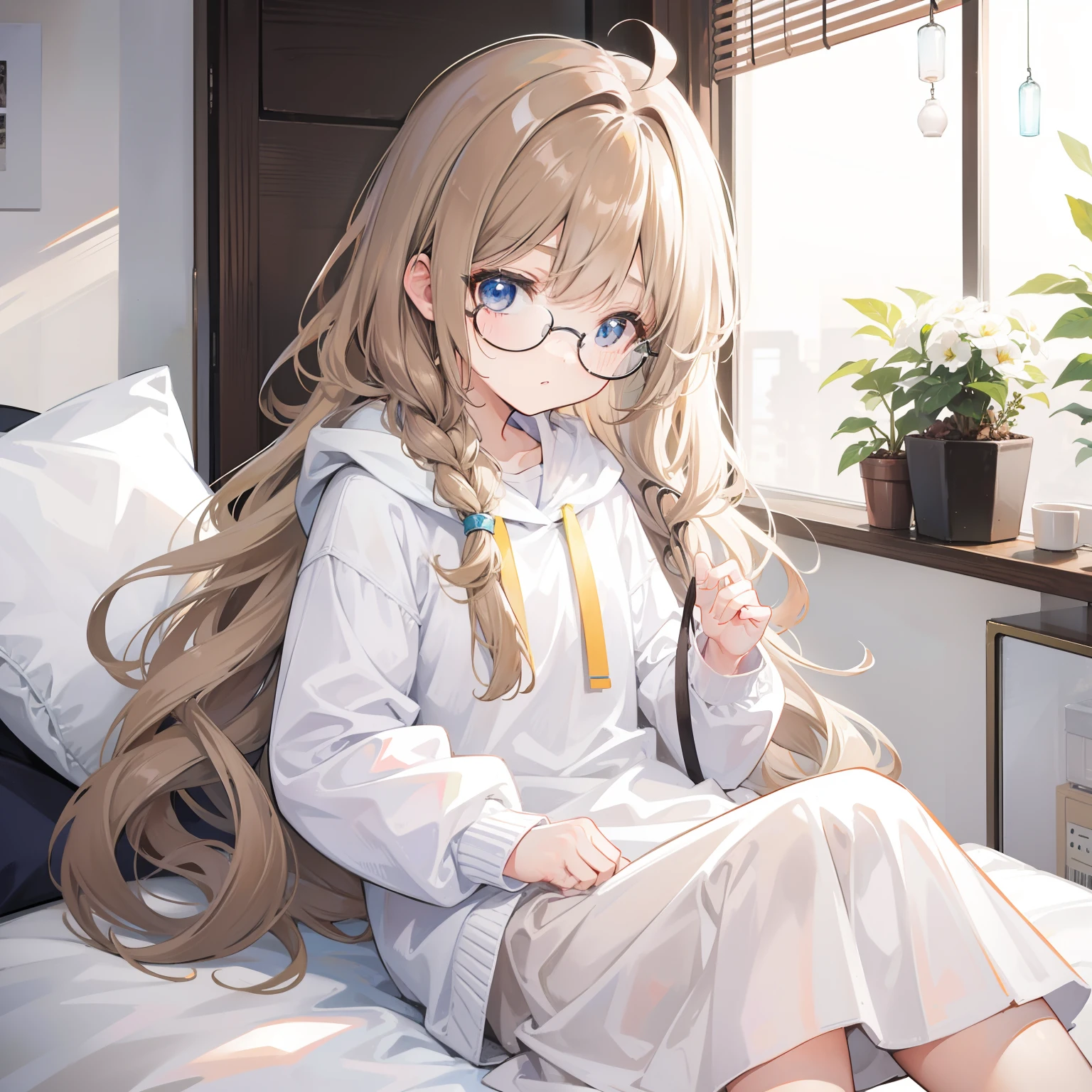 Long light brown hair with a slightly powdery twist，Milky white milky cotton coat，This is a cute little li with glasses