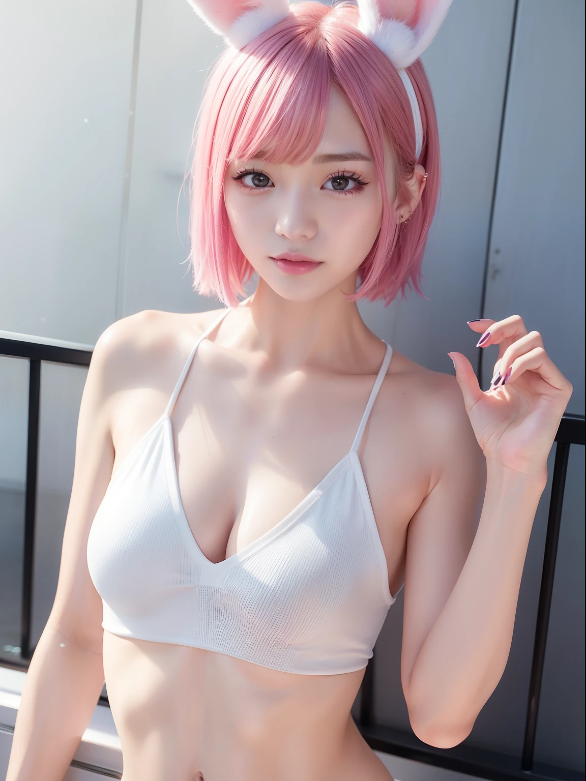 swimming pools、white tank tops、Pink Shortcut Bob、Realistic rabbit ears、rabbit ears pink hair sticking out of the head,,、Taiwanese、Beautiful shaped hands、K-POP、AKB48、Pink rabbit ears、1 girl in、独奏、​masterpiece、top-quality、realisitic、Hyper-detailing、(Glossy skin:1.4)、Lustrous smile、Smiling eyes、Smiling lips、absurderes、Looking at the camera、short pink hair、red eyes、Red Eyes、Slender beauties、动态照明、hight resolution、foco nítido、depth of fields、Detailed eye、Sharp eyes、Realistic eyes、(thick thight:1.0)、Beautuful Women:1.4、Slender Abs:1.2、((Short-cut bob hair))、((k pop:1.3))、Highly detailed facial and skin texture、((魅惑的))、Anatomically correct number of fingers、beautiful pink nails、Correct anatomy、