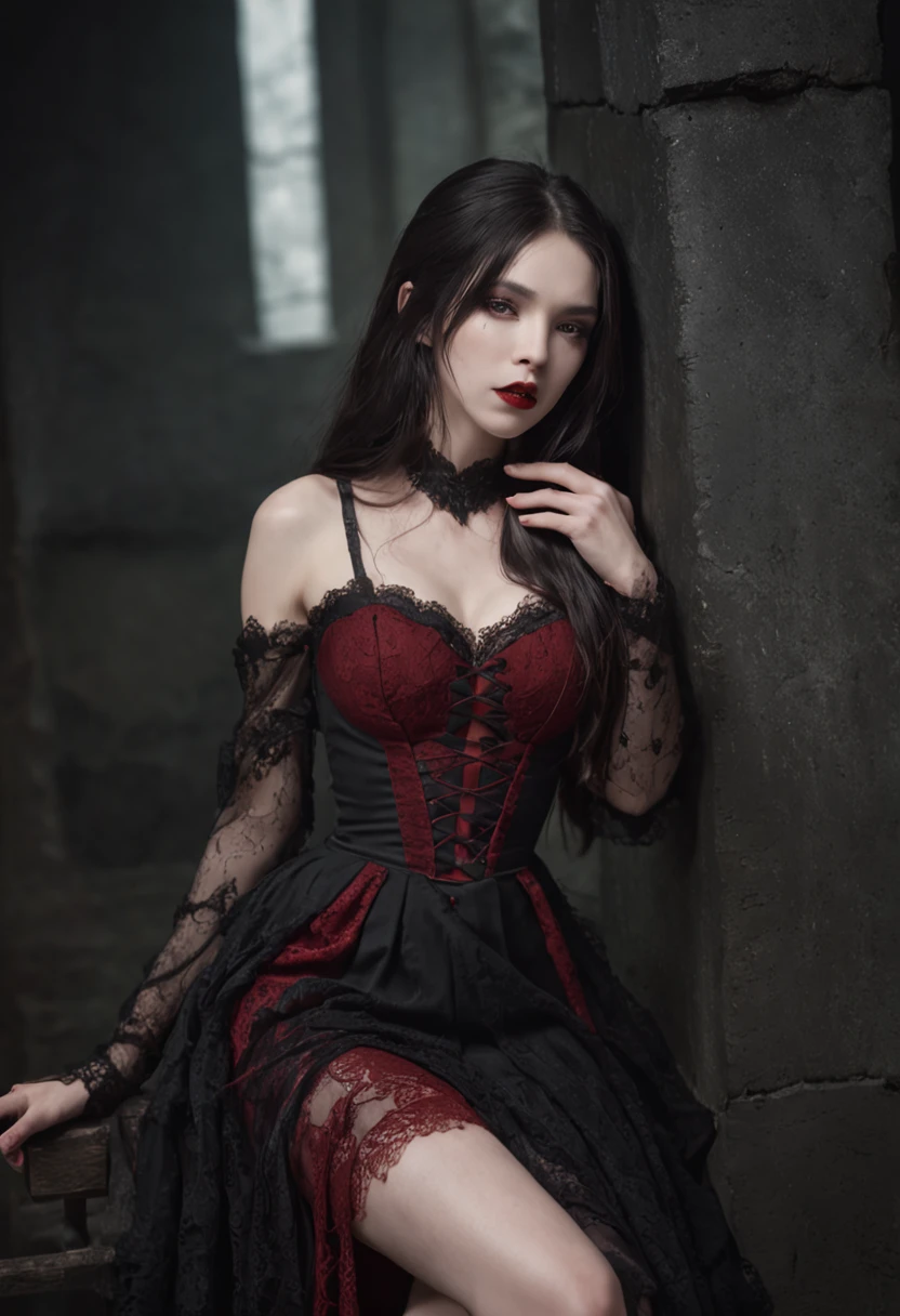 1 Vampires, (Female:0.8), poison fangs, Blood, Neck bites, Pale skin, intense eyes, Seductive expression, (Blood dripping:1.2), (Erotic atmosphere:1.3), Dark hair, Long flowing hair, (Black lace dress:1.2), (cropped shoulders:0.9), (Red corset:1.1), (Torn clothing:0.8), (Seductive pose:1.2), (Moaning:1.4), (Moonlight:1.3), (gothic environment:1.2), (haunting background:1.1), (lifting one leg:1.2), (Glossy lips:0.9), (Whisper sweetly:1.2), (sensual lighting:1.3), (Long nails:1.1), (Heavy atmosphere:1.2), (A lingering touch:1.3), (Erotic tension:1.4).