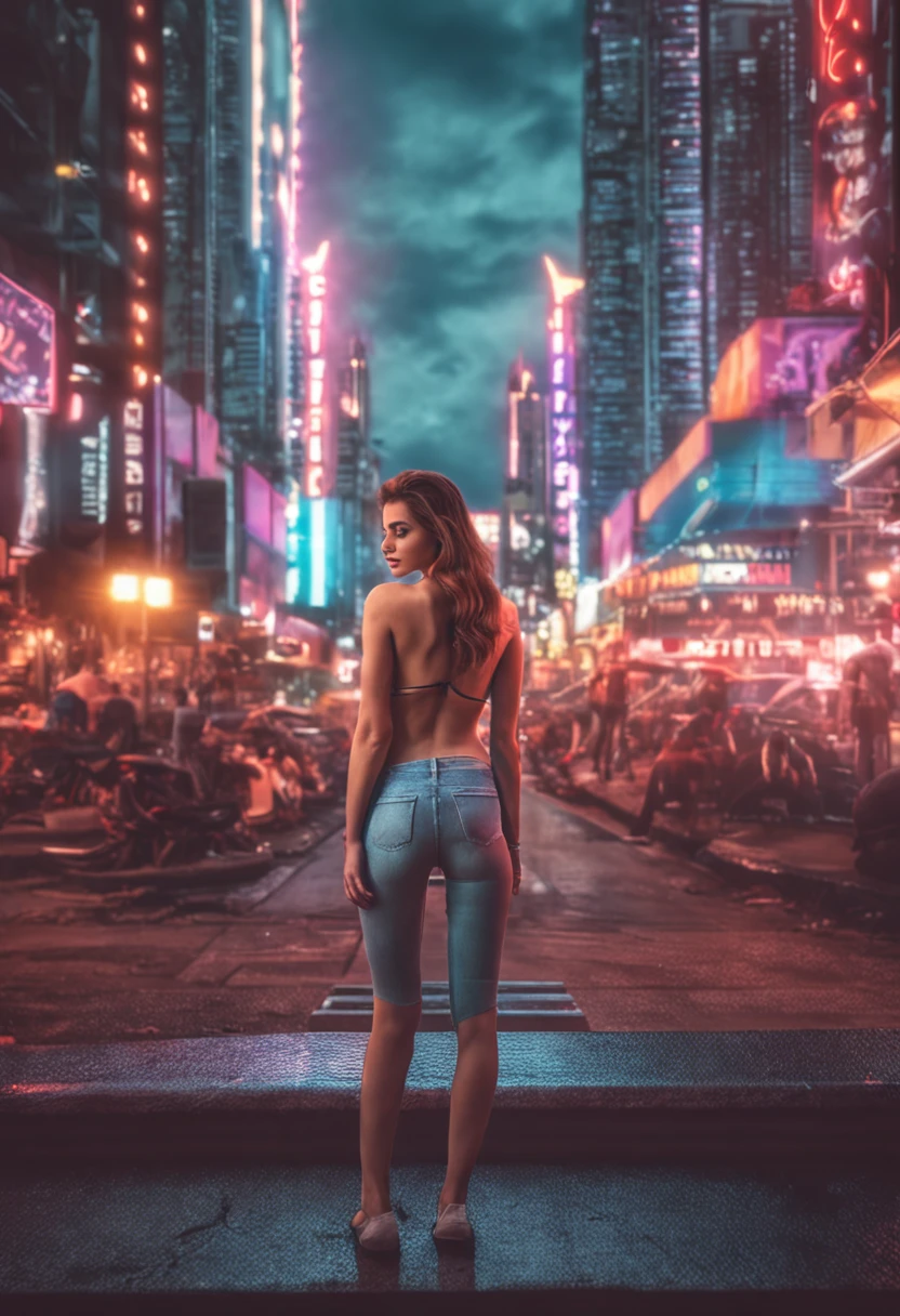 Create an image of a girl. About 25-30 years old. Standing in from of camera. Behind there should be a city center. Girl wears only a jeans pants and is naked on top. Background shouldnt be blurry.